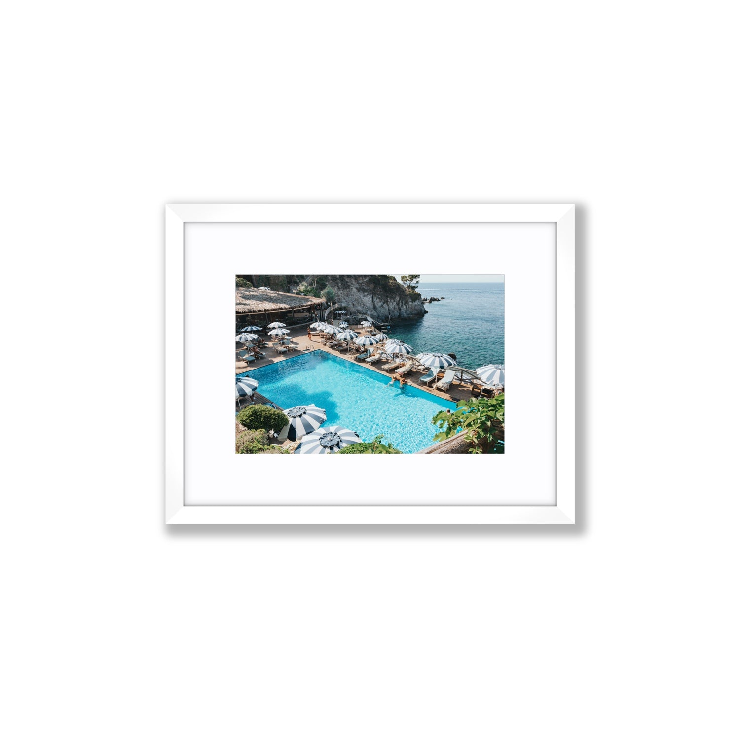 Oceanview Ischia Italian coastal wall art Small fine art print in white frame with matboard