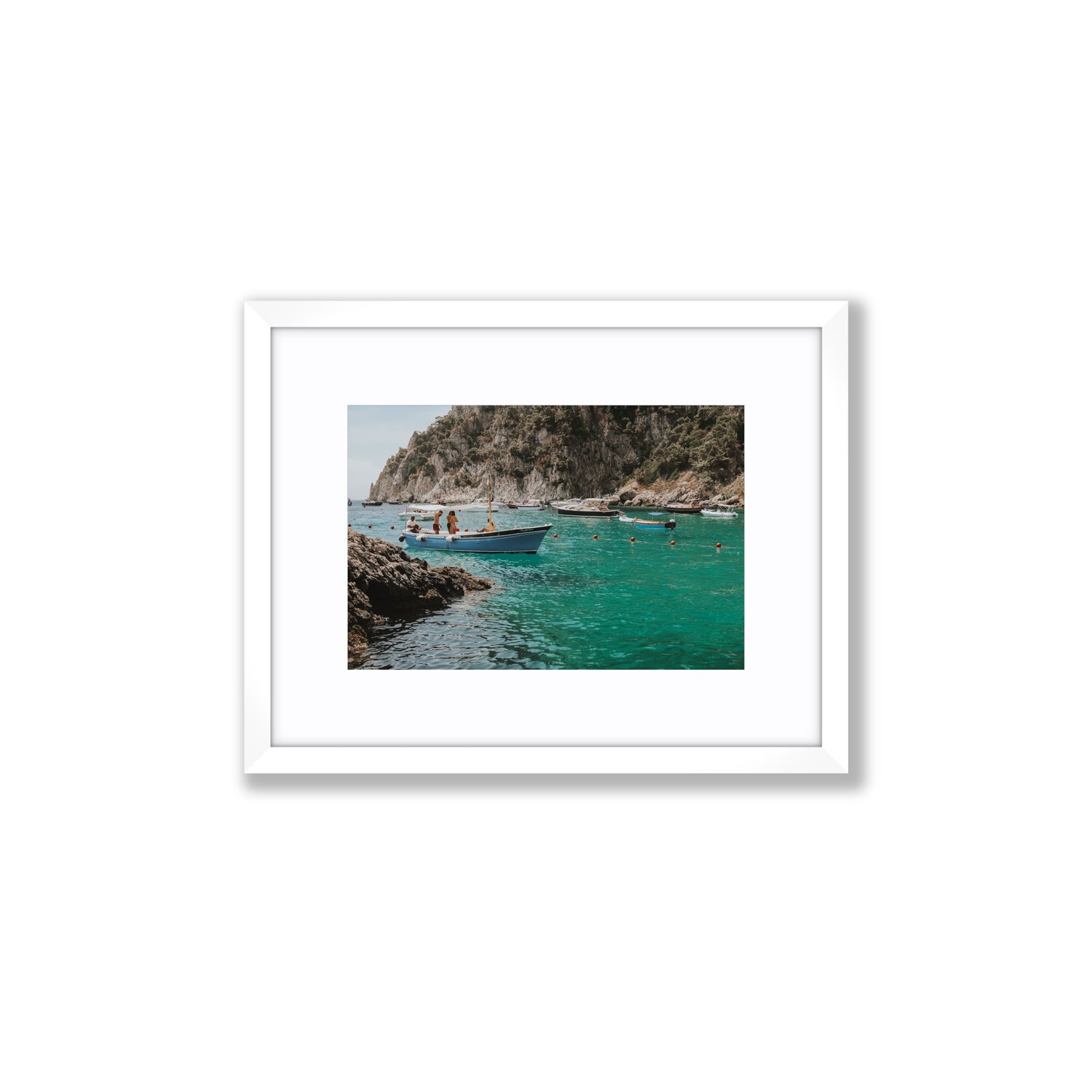Cozy Cove Capri coastal Mediterranean wall art Small fine art print in white frame with matboard