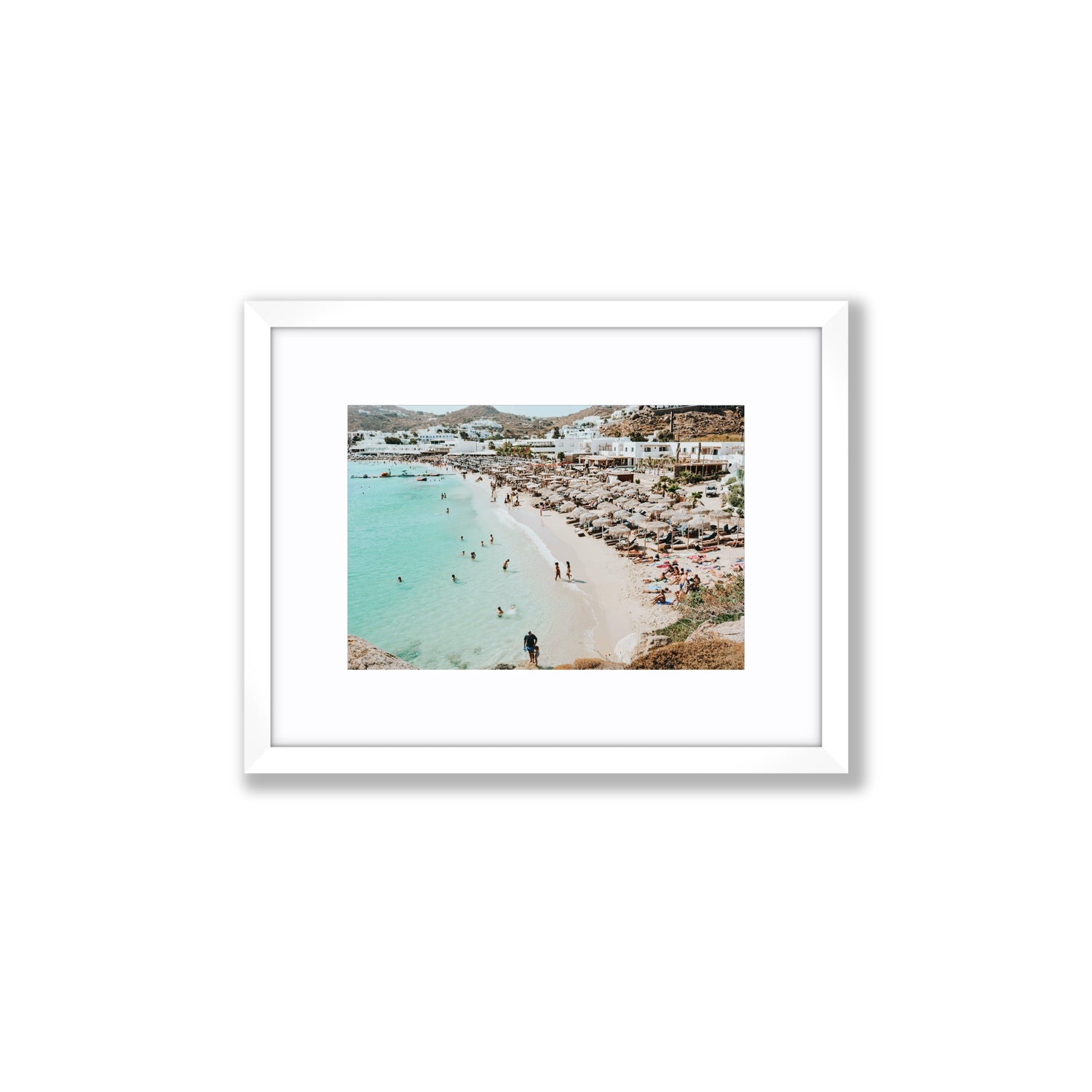 Aquaholic Mykonos Greek island wall art Small fine art print in white frame with matboard