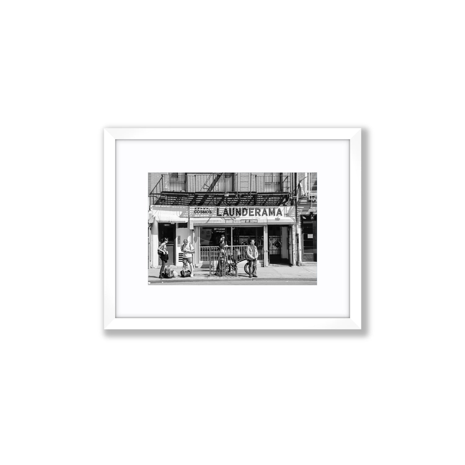 Launderama New York NYC Black & White wall art Small fine art print in white frame with matboard