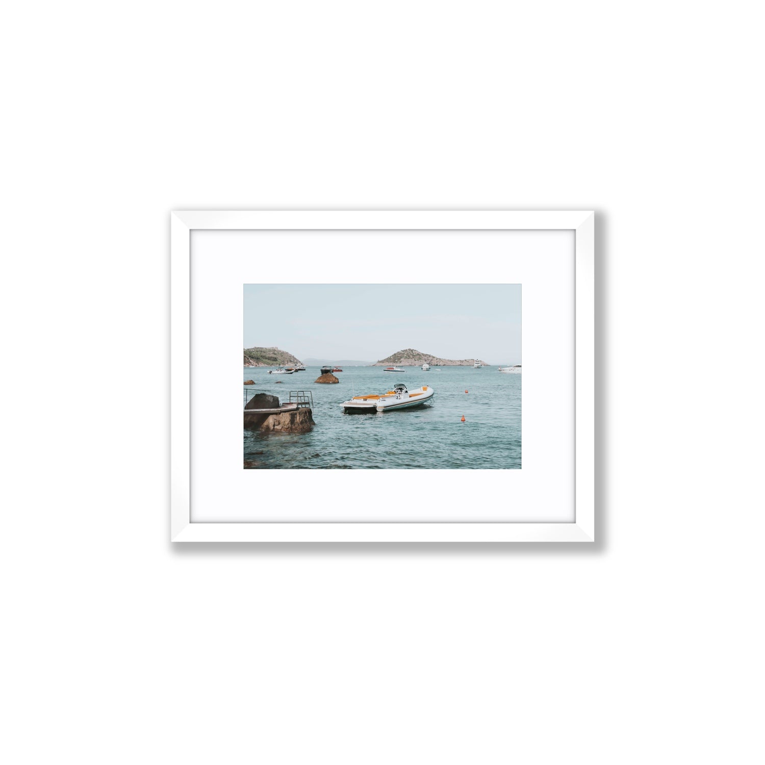 The Azure Sea Tuscany coastal Italian wall art Small fine art print in white frame with matboard