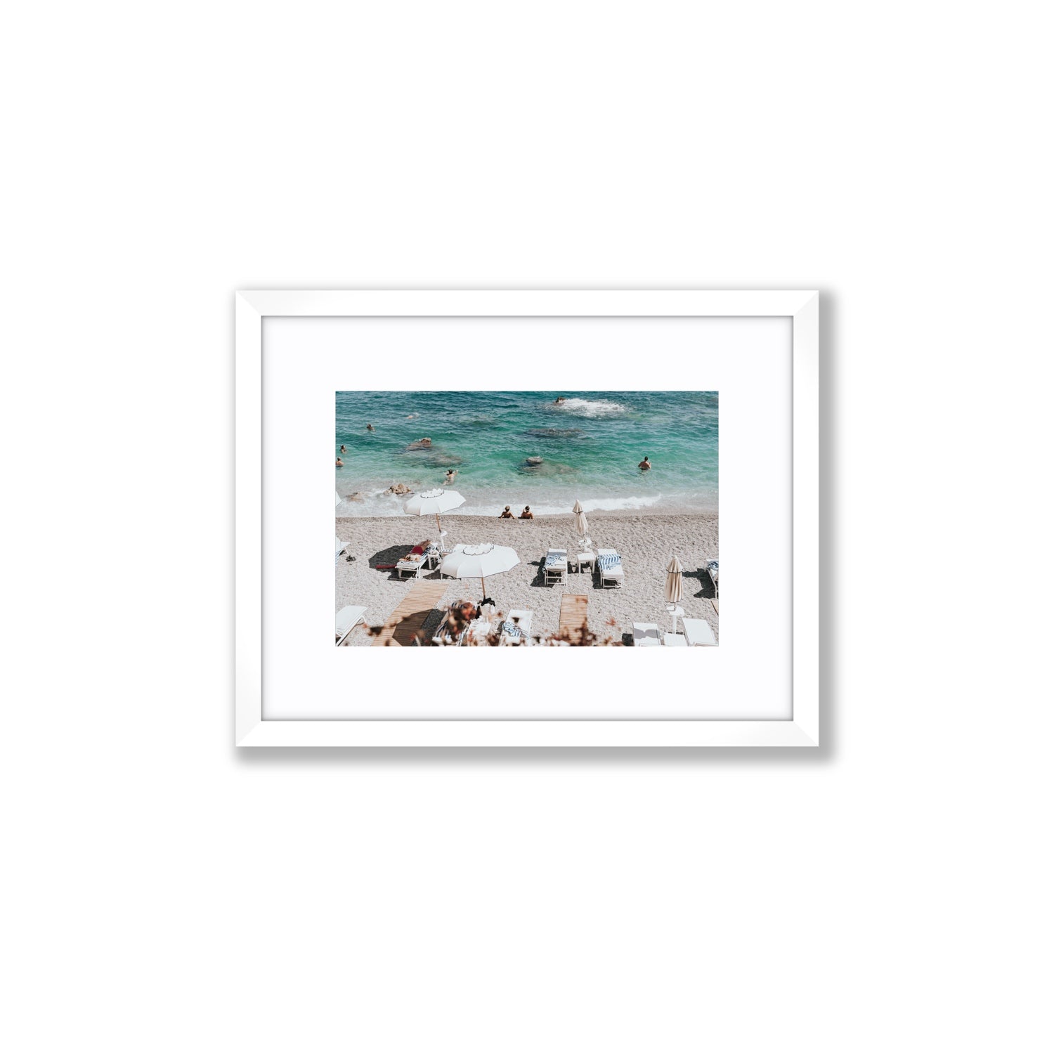 Amicizia Amalfi Italian beach wall art Small fine art print in white frame with matboard