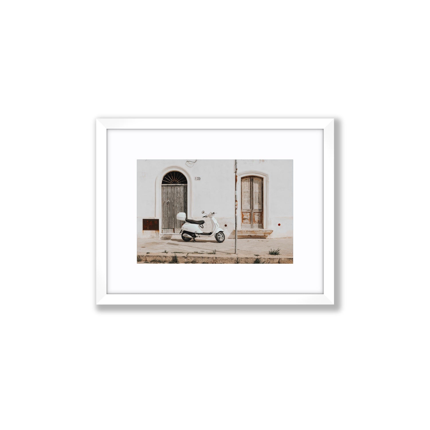 Vespa Nostalgia Puglia Italian wall art Small fine art print in white frame with matboard