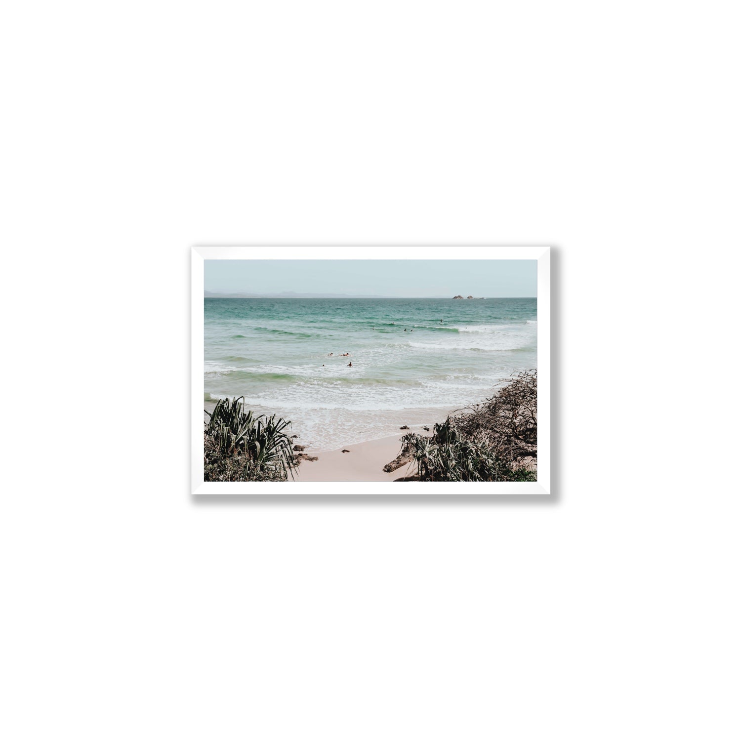 Surf City Byron Bay Surf coastal wall art Medium full-bleed fine art print in white frame