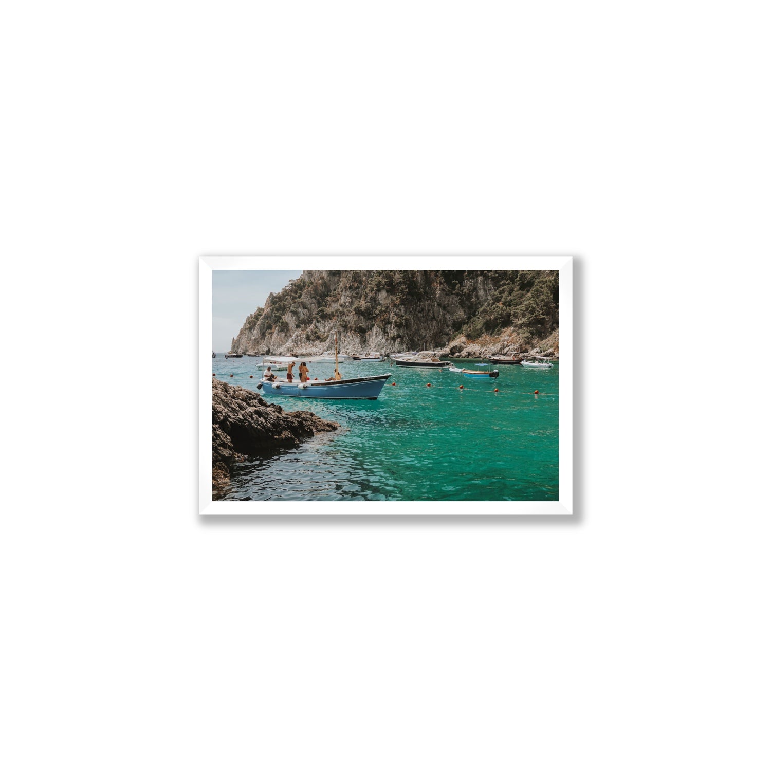 Cozy Cove Capri coastal Mediterranean wall art Medium full-bleed fine art print in white frame