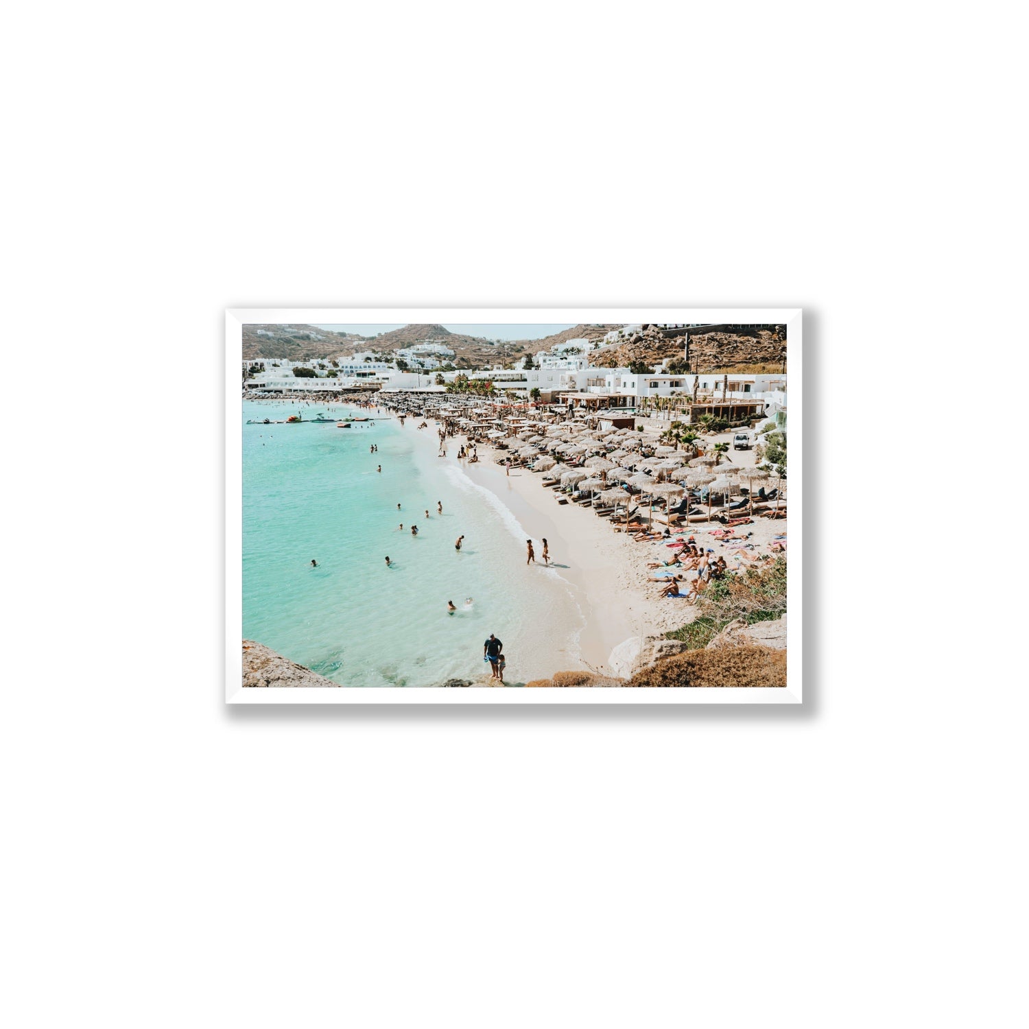 Aquaholic Mykonos Greek island wall art Large full-bleed fine art print in white frame