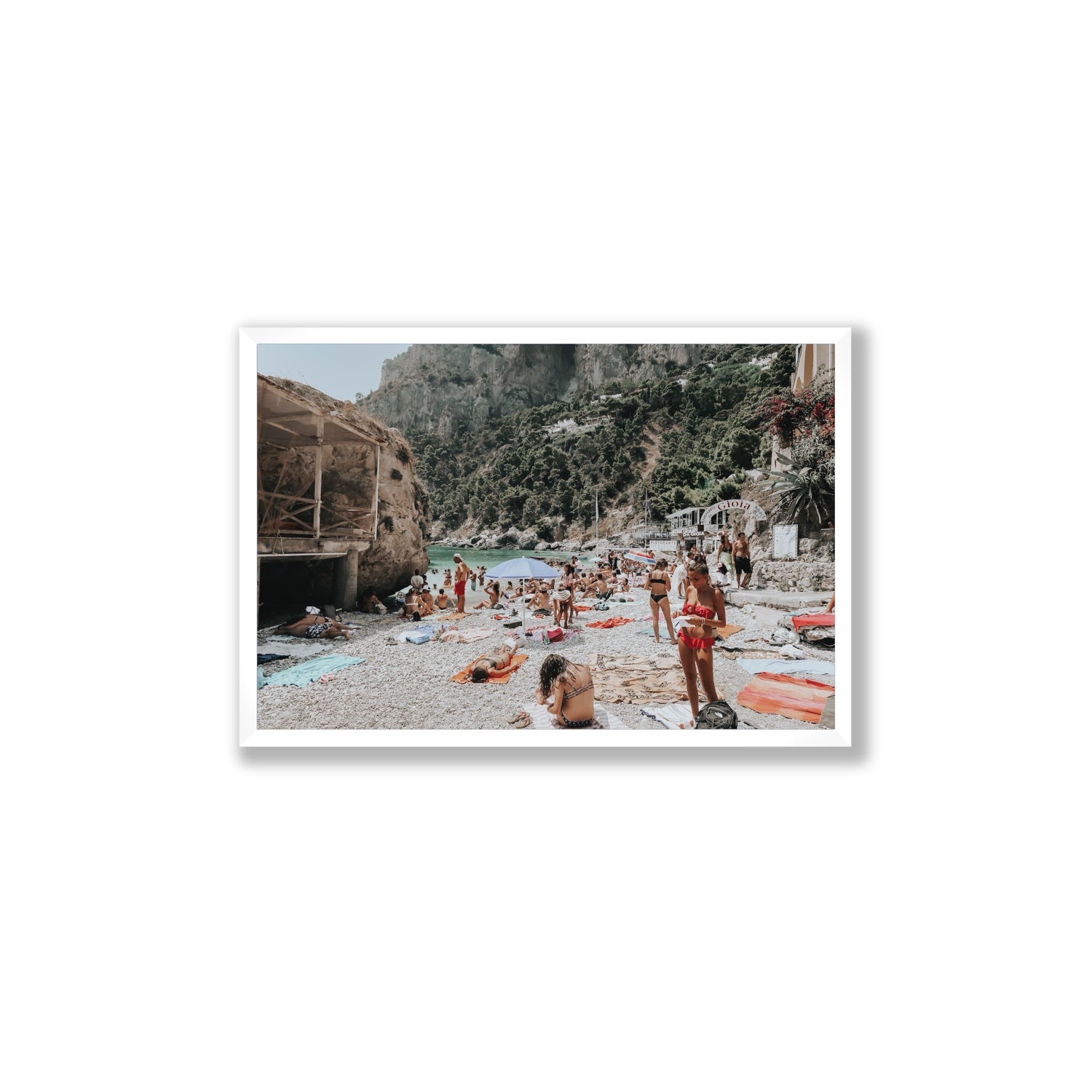 Spiaggia Da Gioia Capri beach coastal wall art Large full-bleed fine art print in white frame