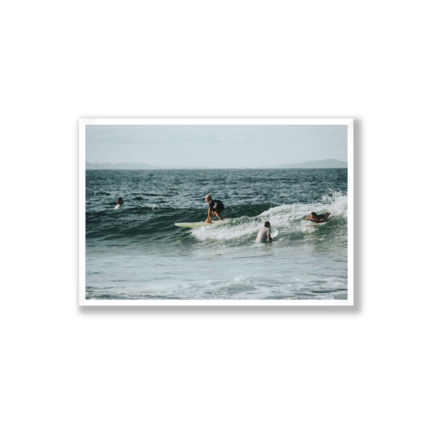 The Boys of Summer Byron Bay Surf coastal wall art Extra Large full-bleed fine art print in white frame