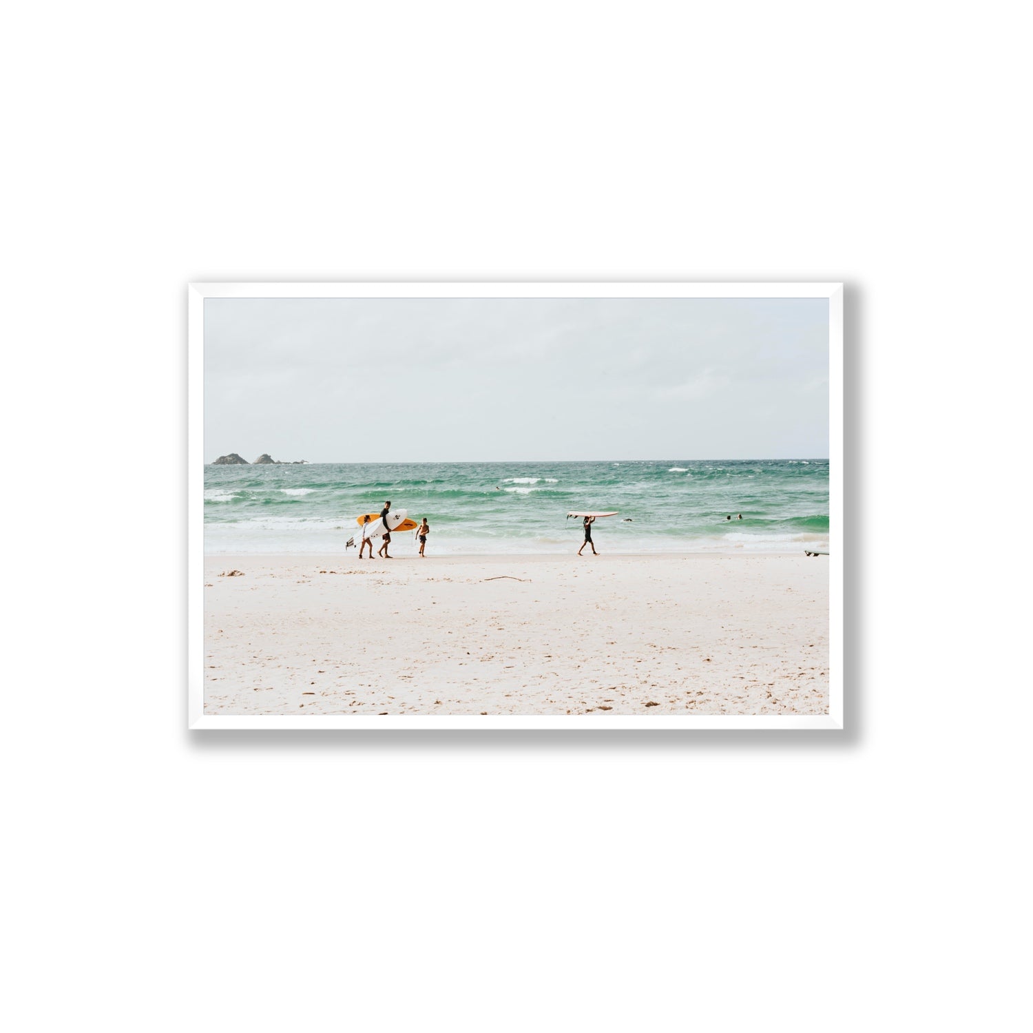 La Famiglia Byron Bay Family Surf coastal wall art Extra Large full-bleed fine art print in white frame