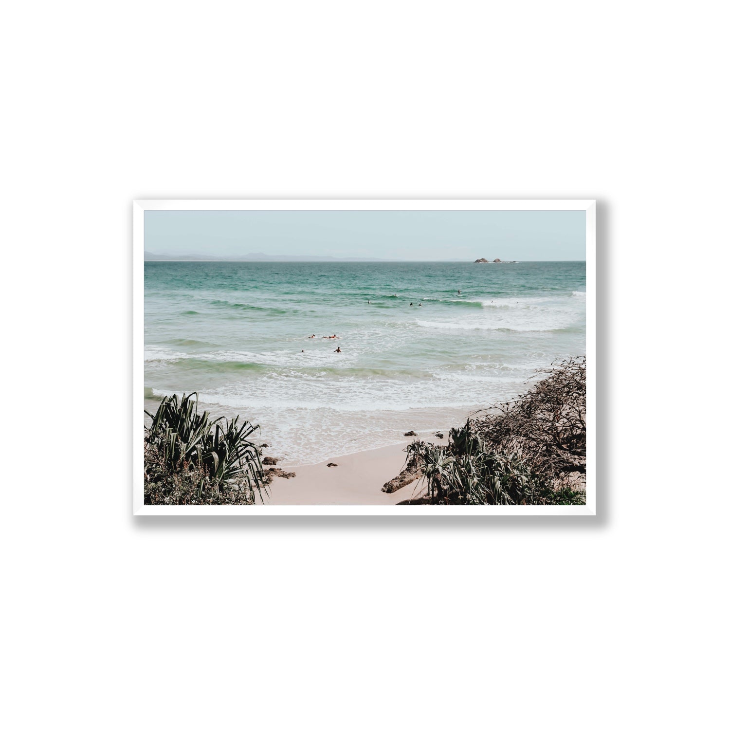 Surf City Byron Bay Surf coastal wall art Extra Large full-bleed fine art print in white frame
