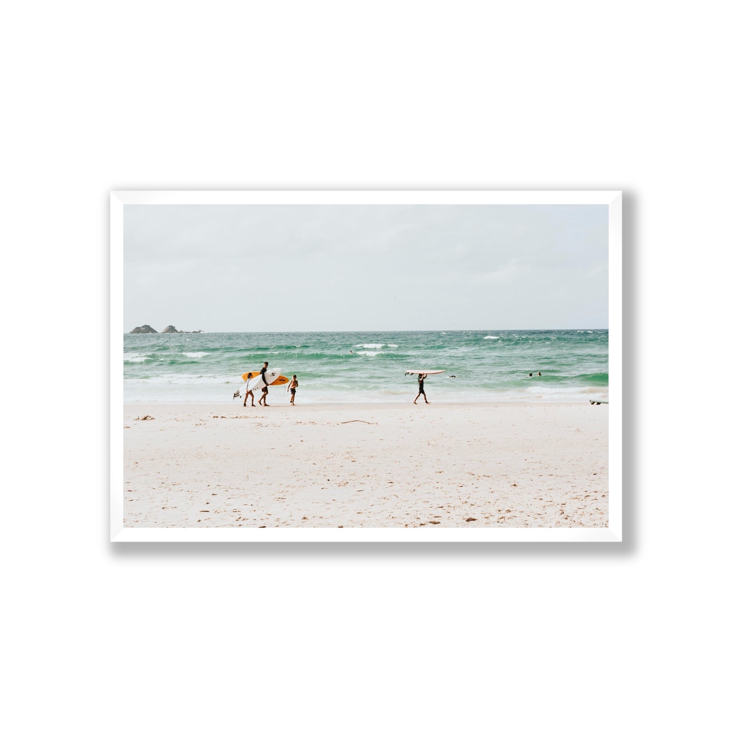 La Famiglia Byron Bay Family Surf coastal wall art Giant full-bleed fine art print in white frame