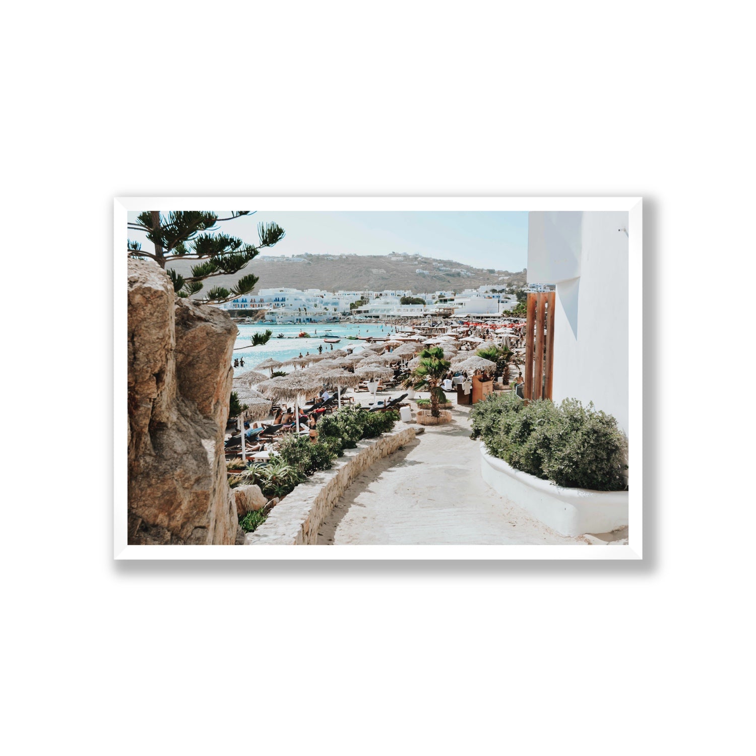 Kalimera Mykonos Greek island wall art Giant full-bleed fine art print in white frame
