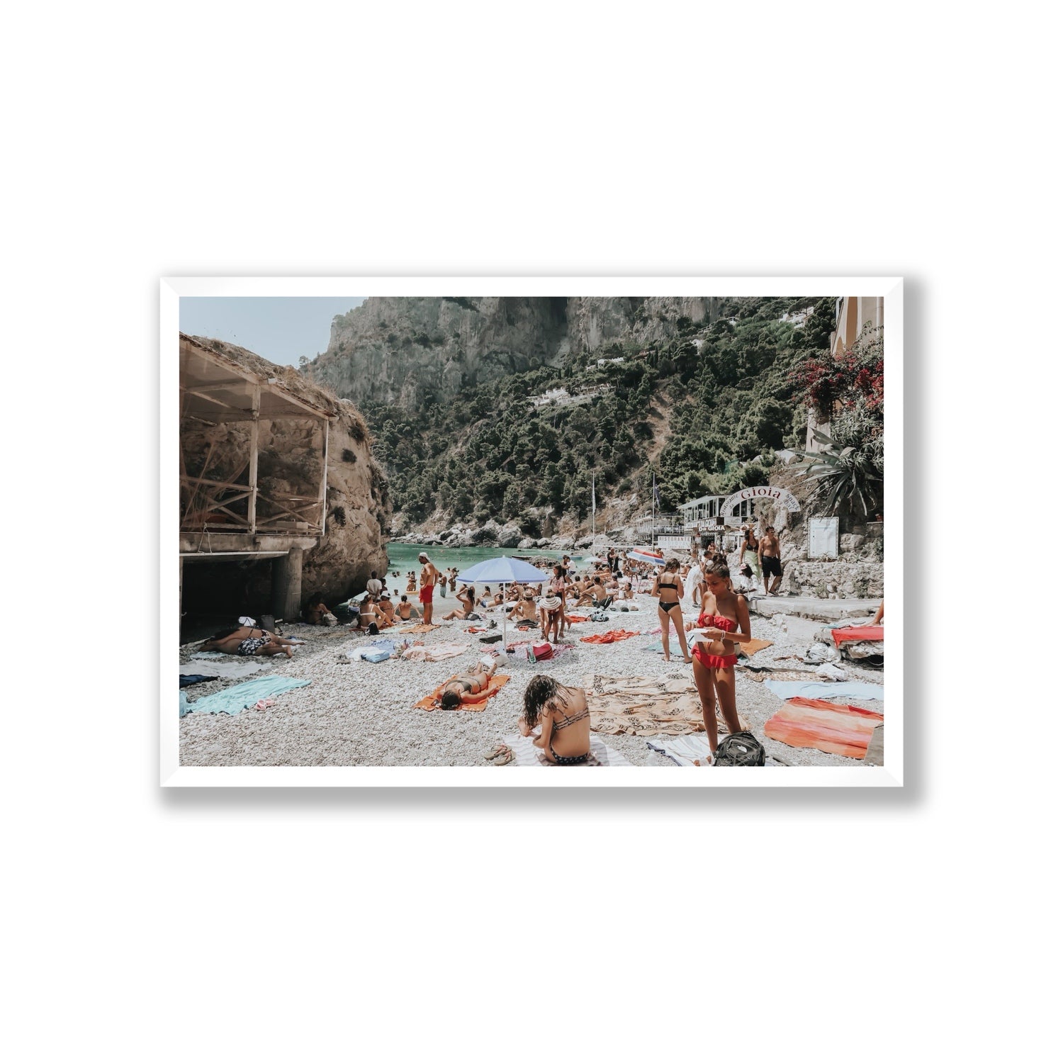 Spiaggia Da Gioia Capri beach coastal wall art Giant full-bleed fine art print in white frame