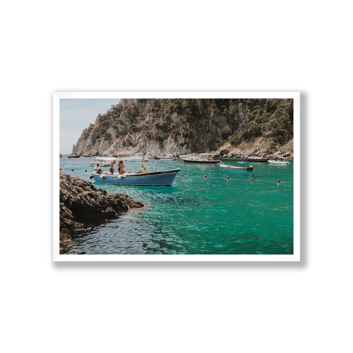 Cozy Cove Capri coastal Mediterranean wall art Giant full-bleed fine art print in white frame