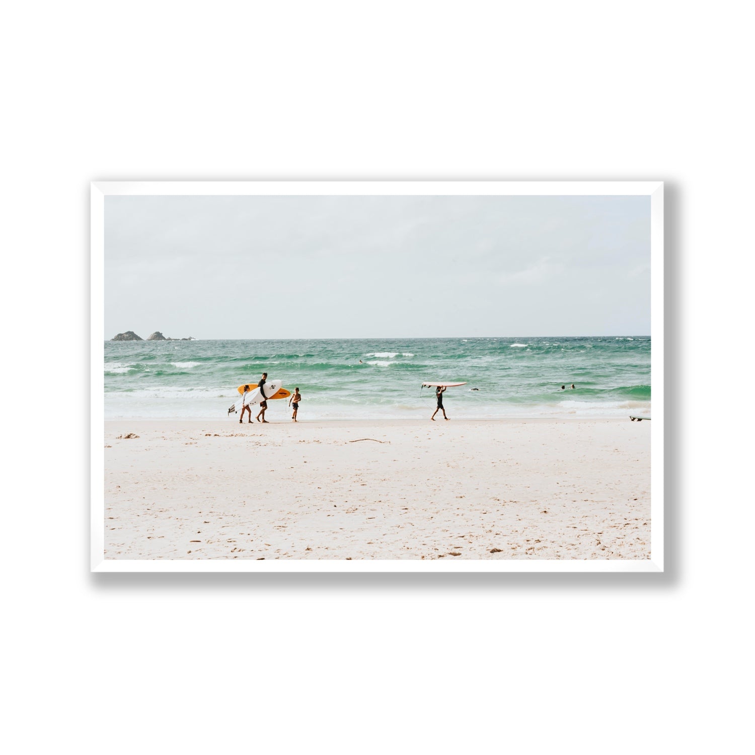 La Famiglia Byron Bay Family Surf coastal wall art Gallery full-bleed fine art print in white frame