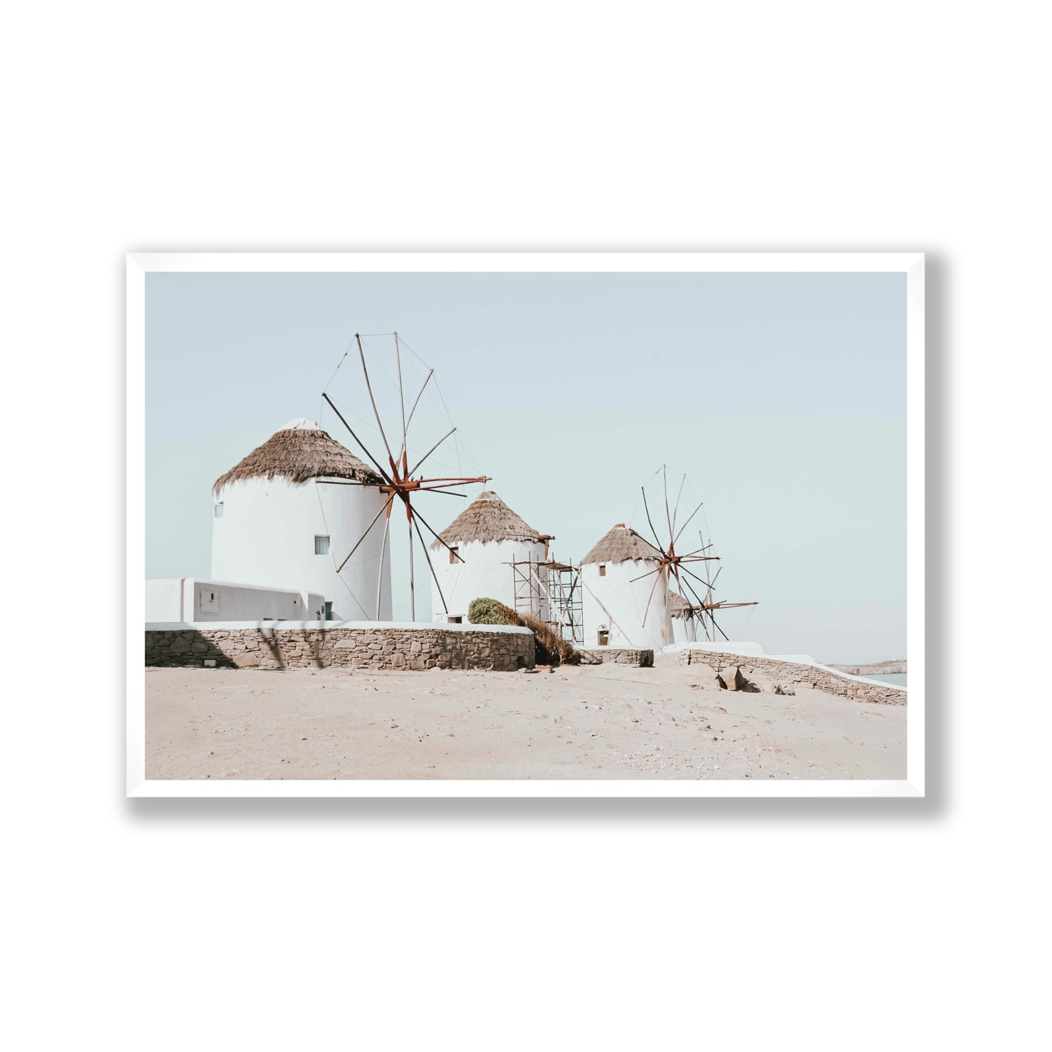Rustic Icons Mykonos Greek island wall art Gallery full-bleed fine art print in white frame