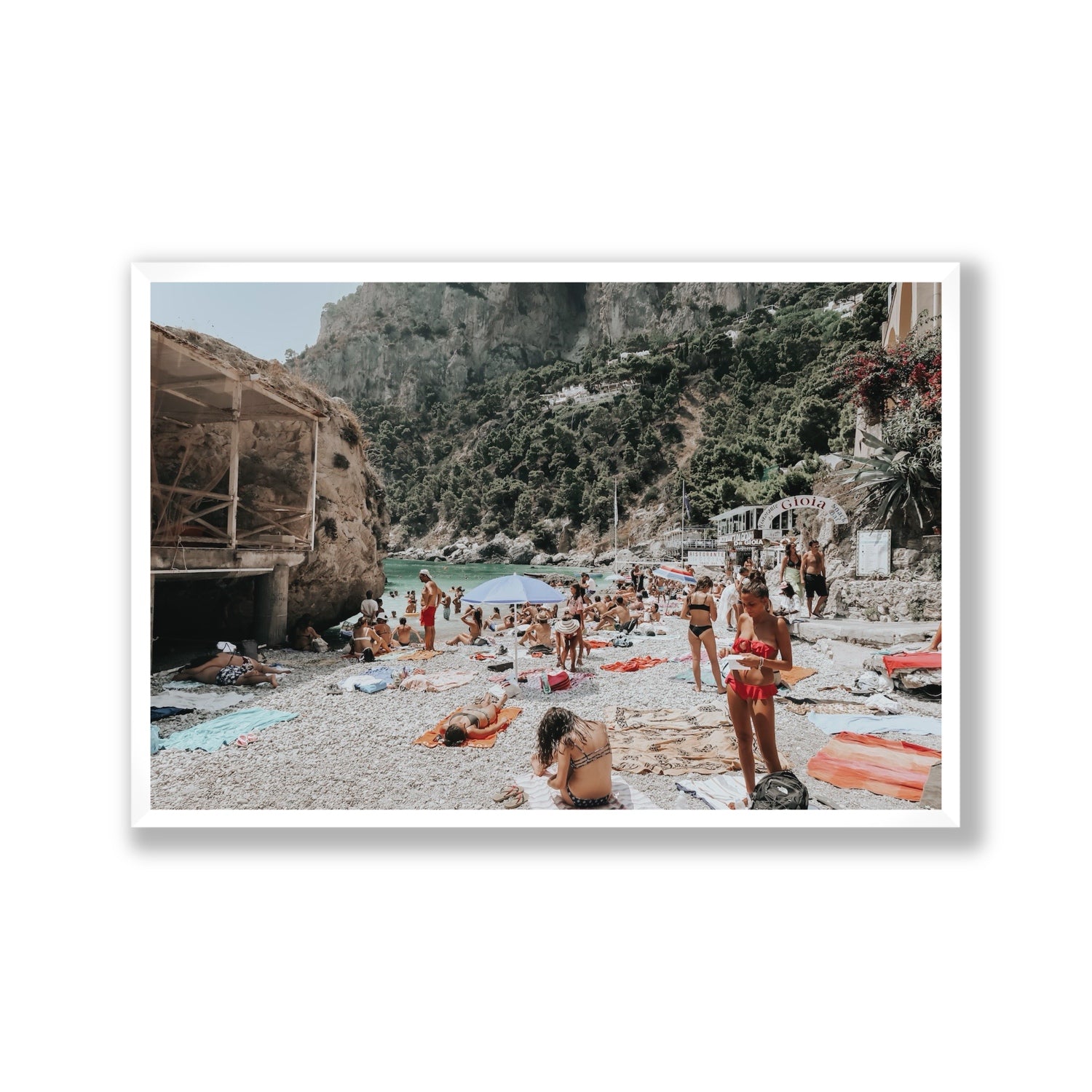 Spiaggia Da Gioia Capri beach coastal wall art Gallery full-bleed fine art print in white frame