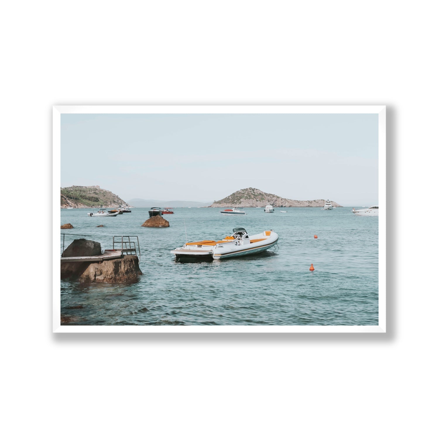 The Azure Sea Tuscany coastal Italian wall art Gallery full-bleed fine art print in white frame