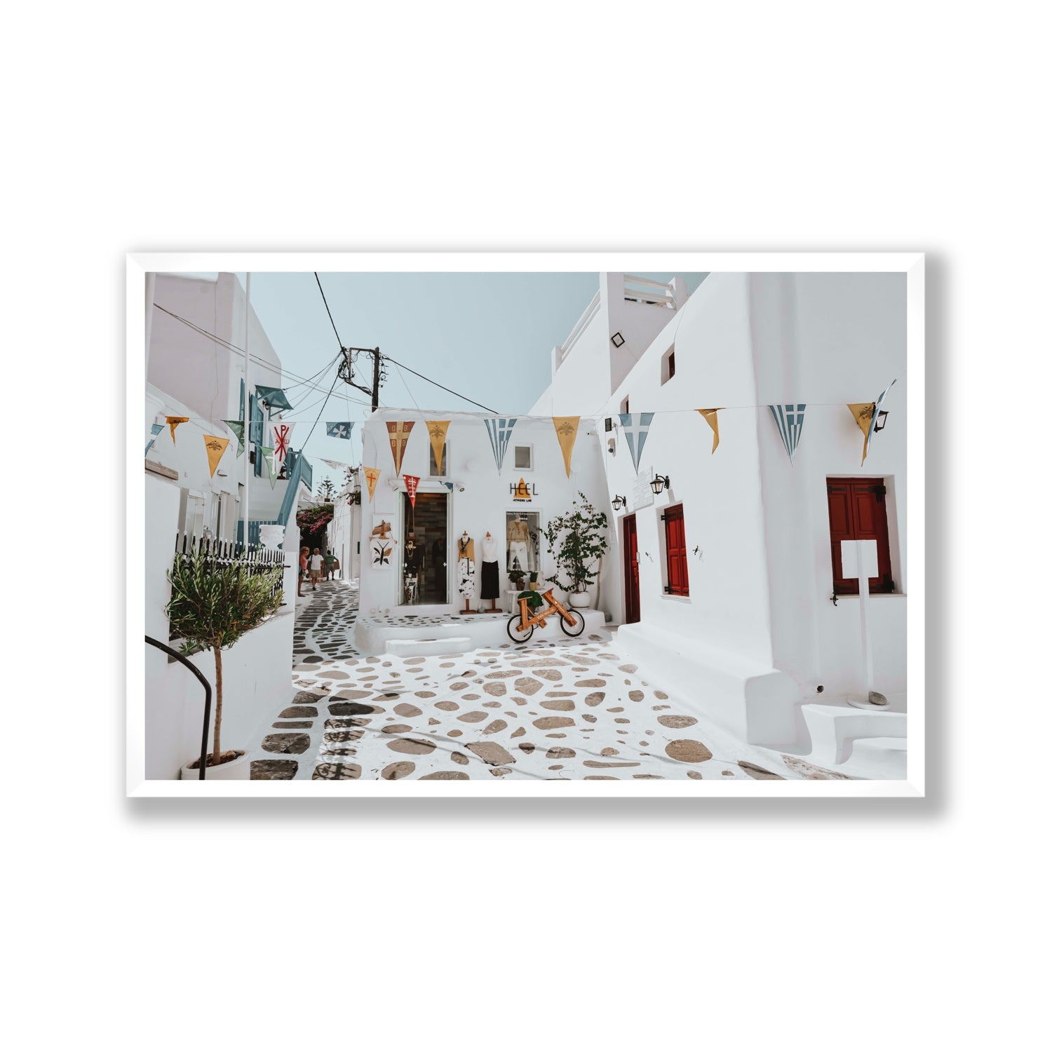 Cruising The Streets Mykonos Greek island wall art Gallery full-bleed fine art print in white frame