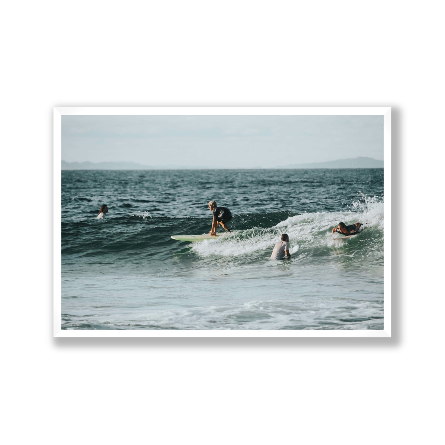The Boys of Summer Byron Bay Surf coastal wall art Gallery full-bleed fine art print in white frame