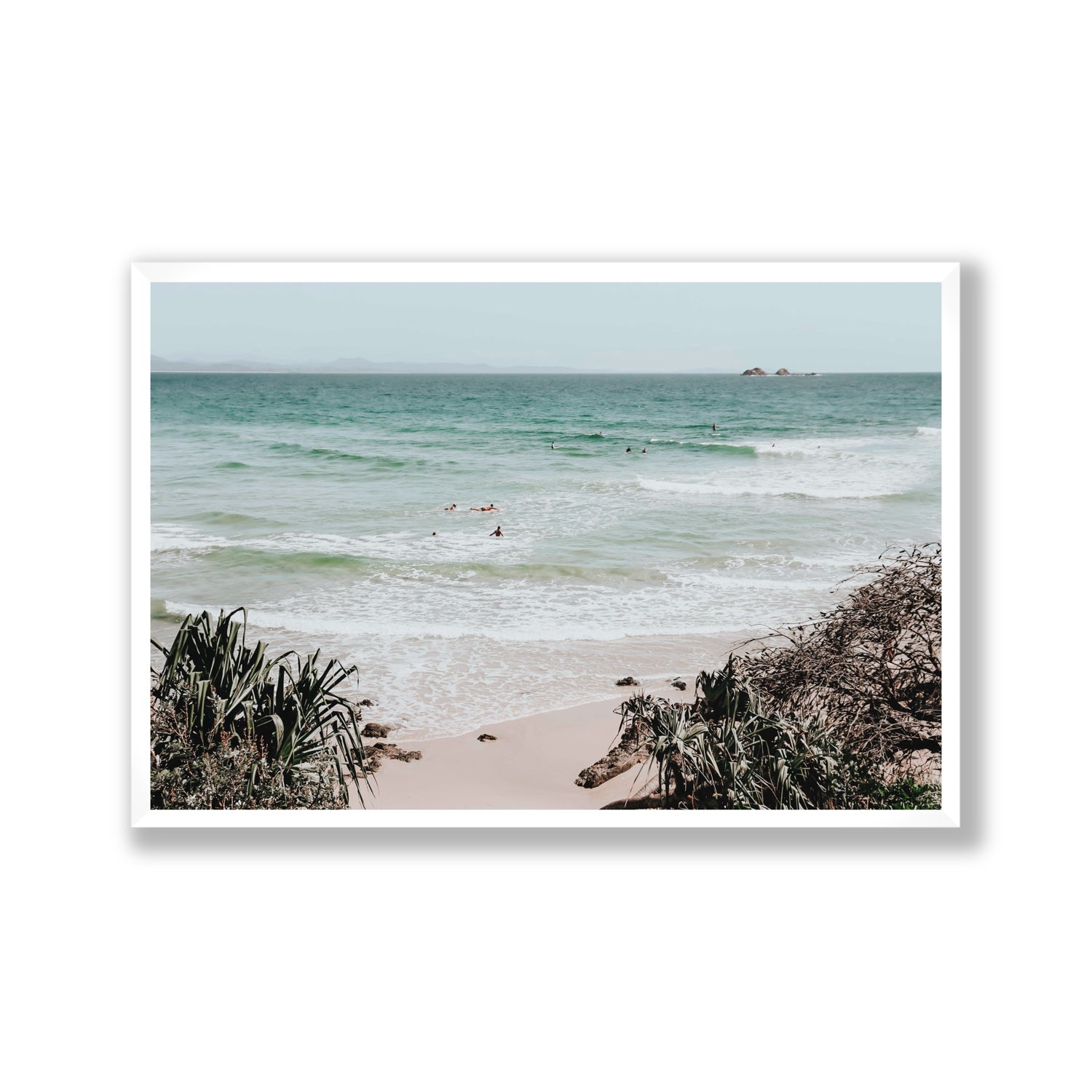 Surf City Byron Bay Surf coastal wall art Gallery full-bleed fine art print in white frame