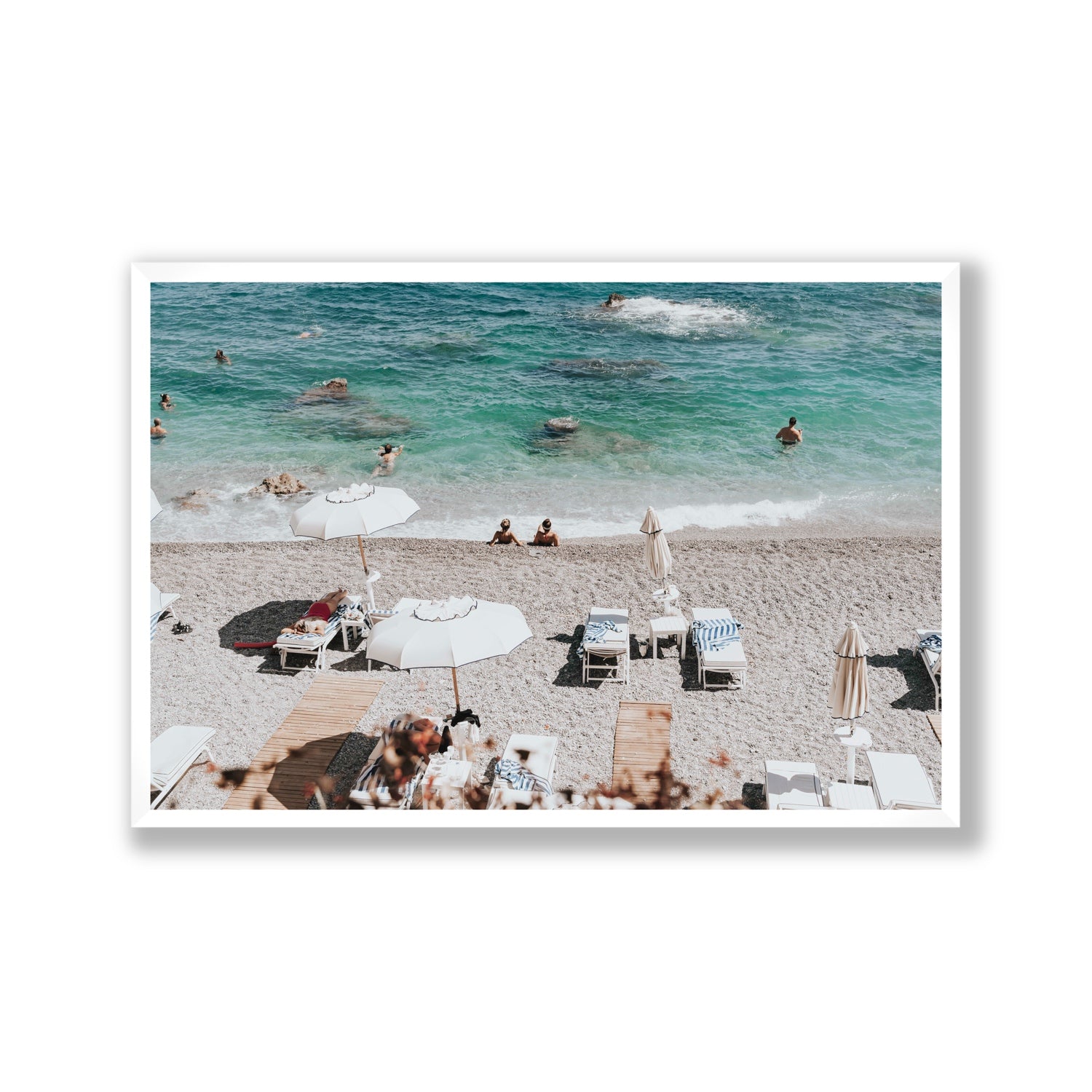 Amicizia Amalfi Italian beach wall art Gallery full-bleed fine art print in white frame