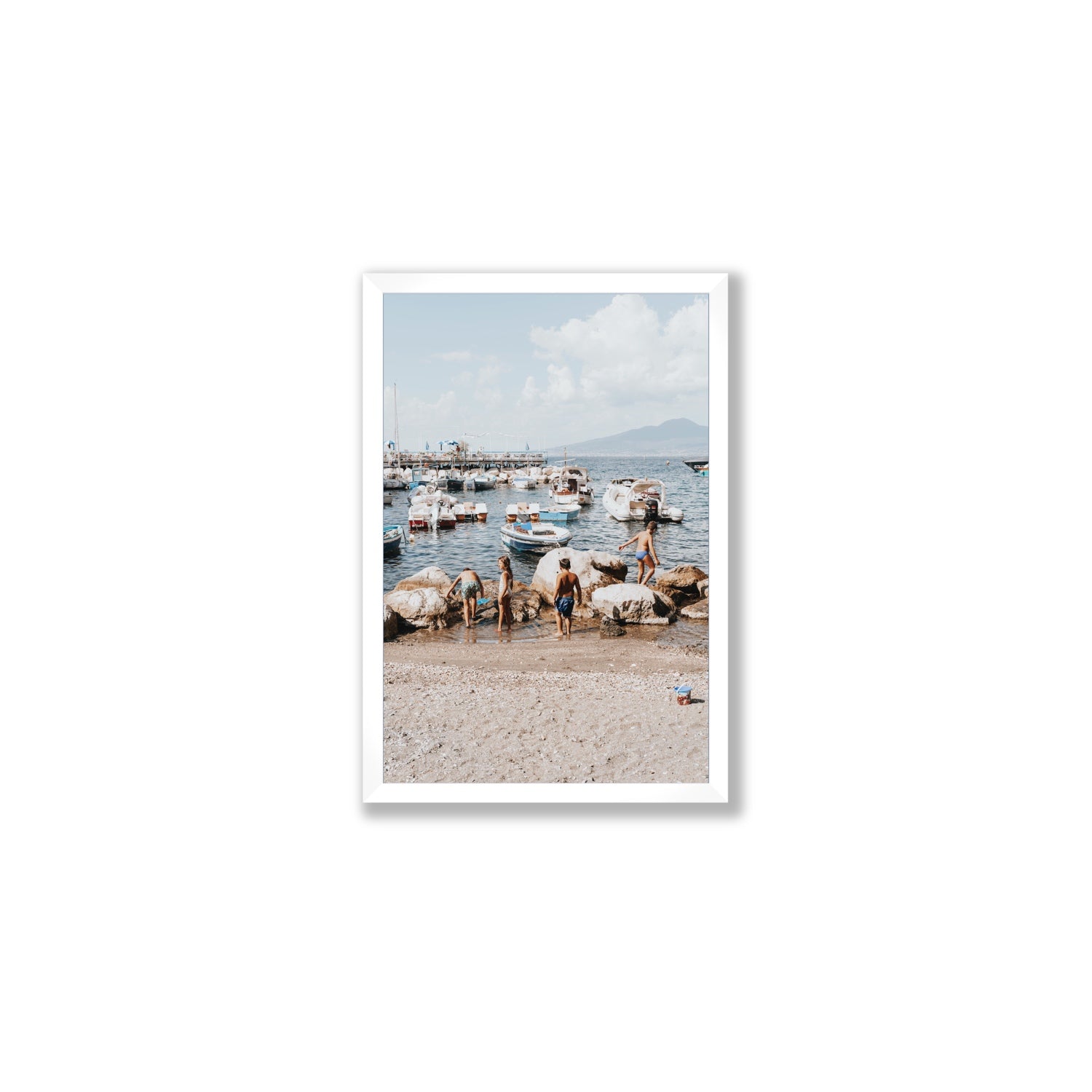 Searching For Treasures Sorrento coastal wall art Medium full-bleed fine art print in white frame