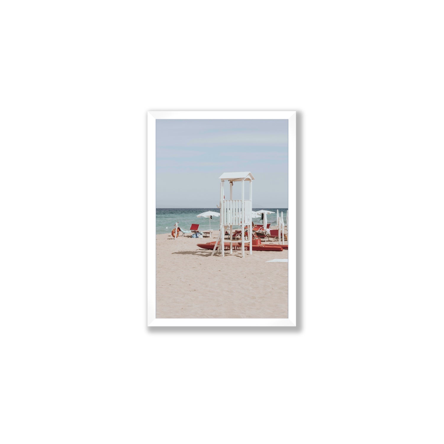Barefoot Bliss Puglia beach Italian coastal decor wall art Medium full-bleed fine art print in white frame