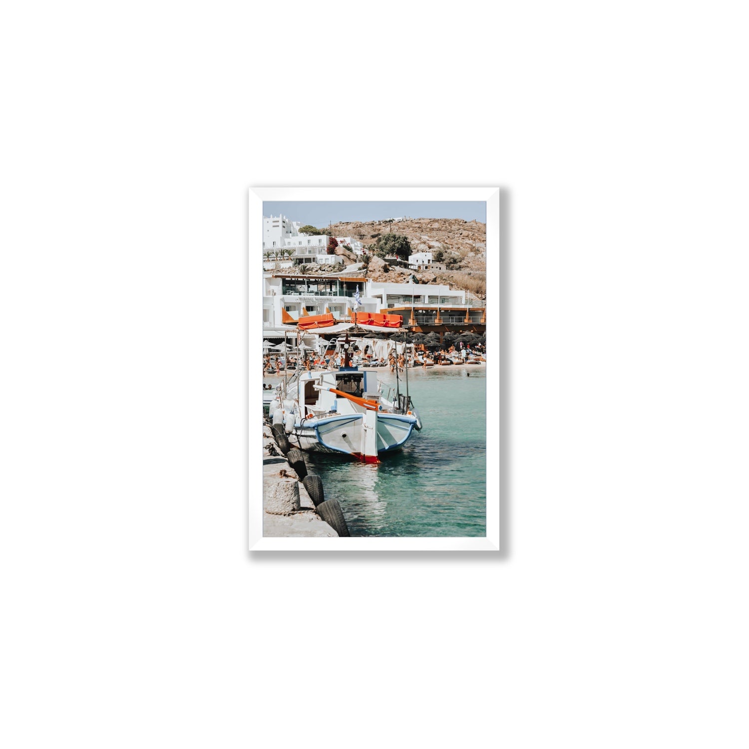 Travel In Style Mykonos Greek island wall art Medium full-bleed fine art print in white frame