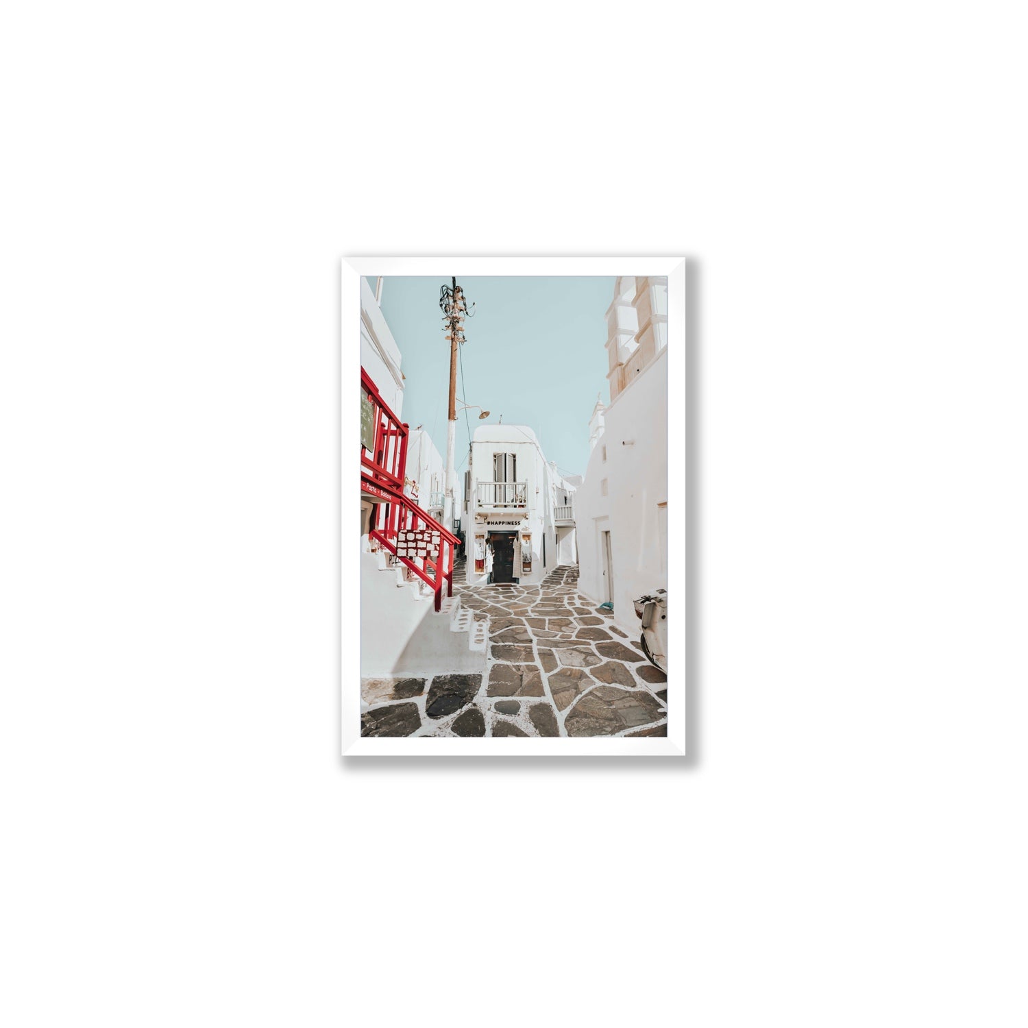 Happiness Mykonos Greek island wall art Medium full-bleed fine art print in white frame