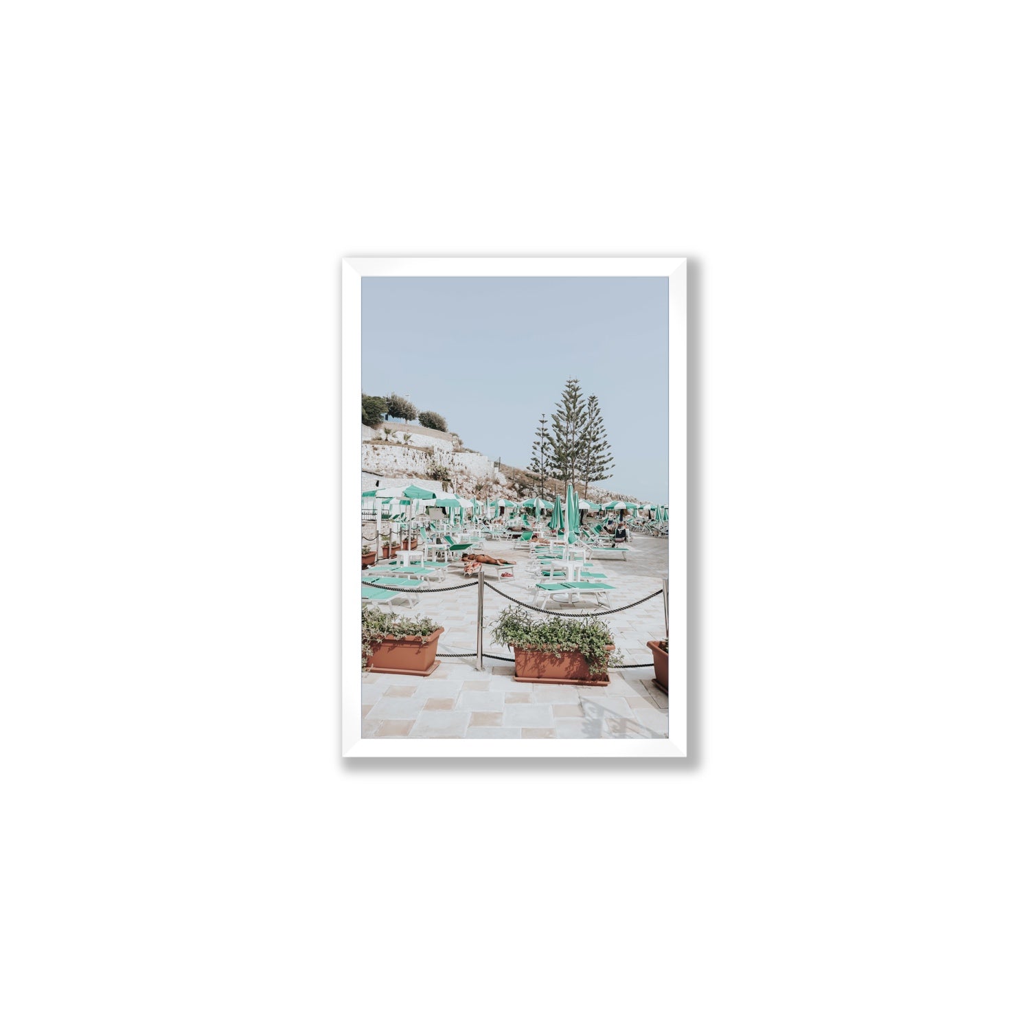 Siesta on The Terrace Puglia coastal wall art Medium full-bleed fine art print in white frame