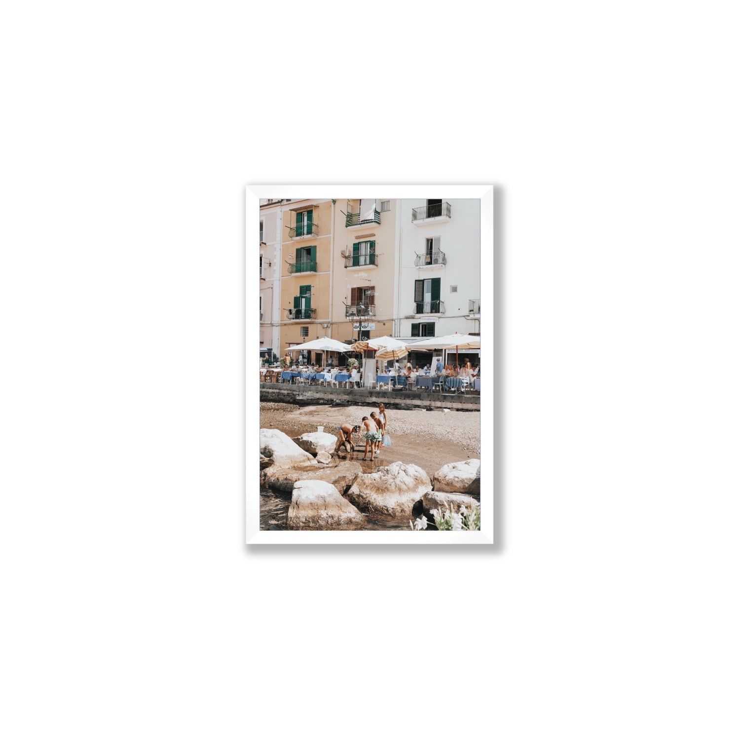 Sunny Playtime Sorrento coastal wall art Medium full-bleed fine art print in white frame