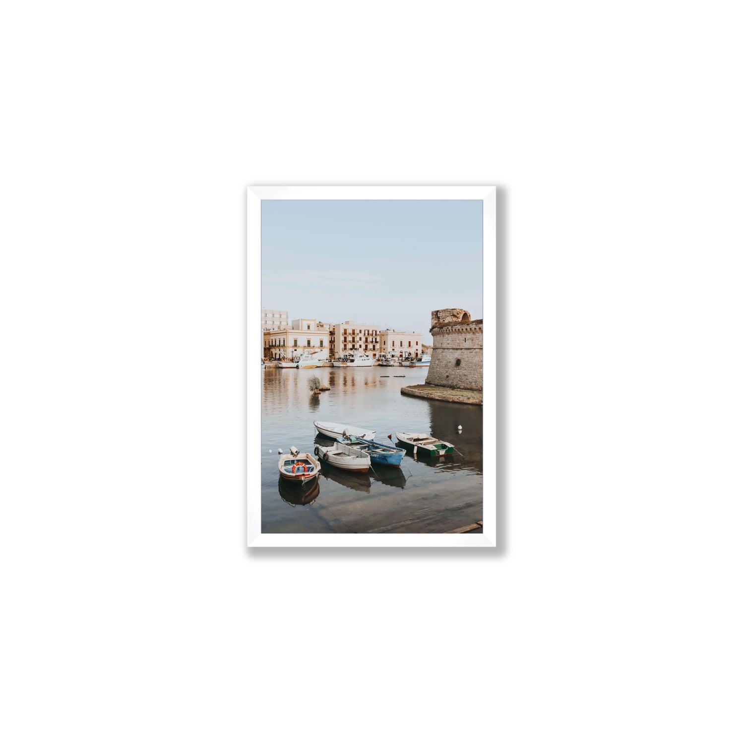 Gallipoli Harbour Puglia coastal wall art Medium full-bleed fine art print in white frame