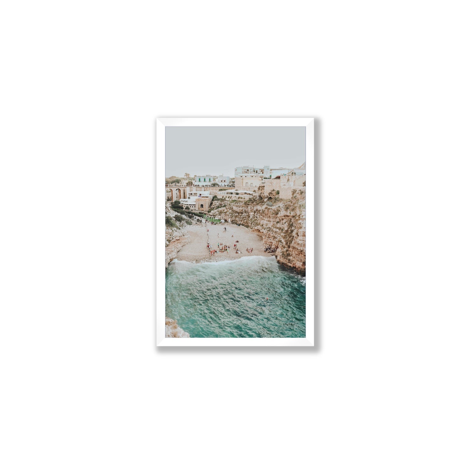Polignano Vista Puglia coastal Italian beach fine art print Medium full-bleed fine art print in white frame