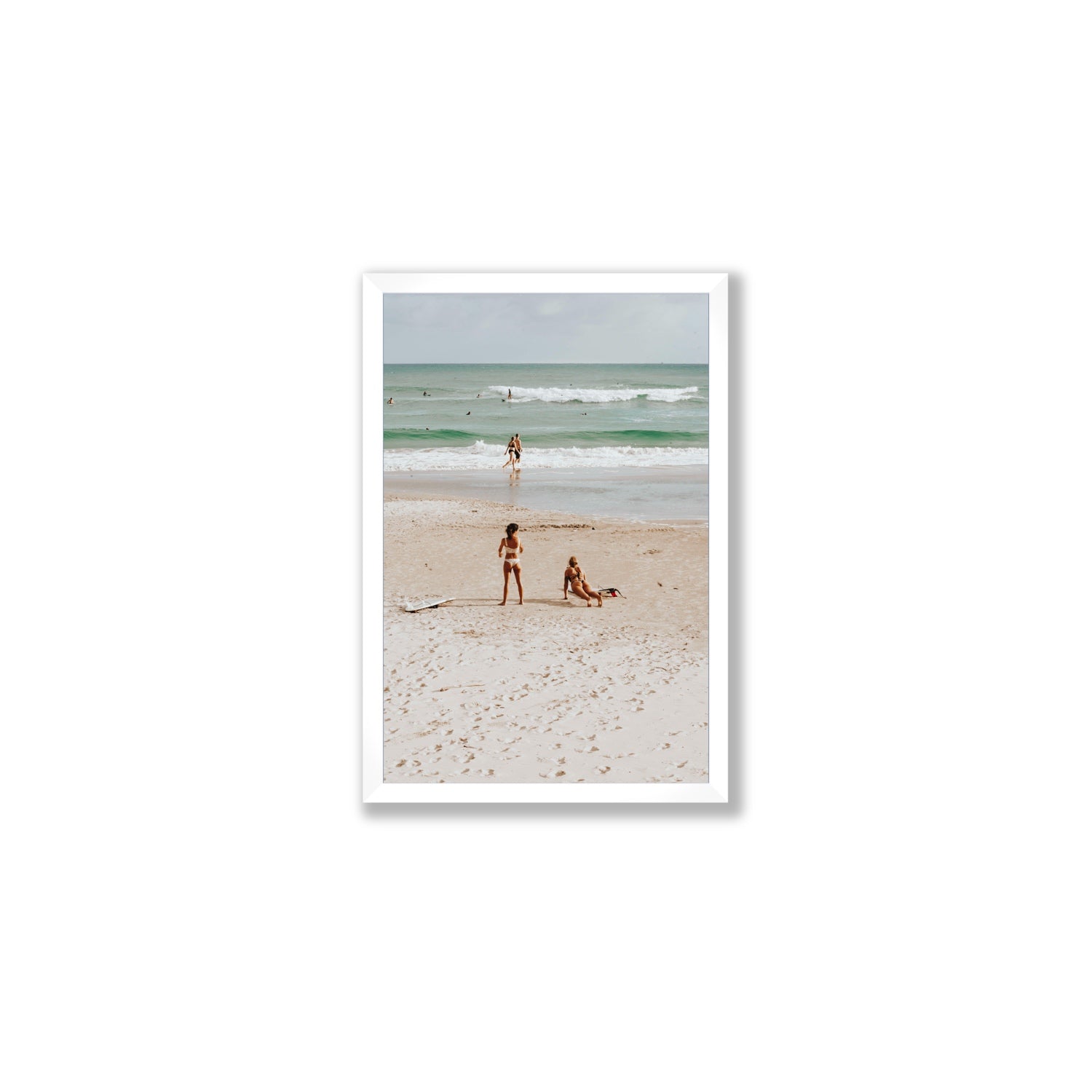 Gidget & Betty Byron Bay beach coastal wall art Medium full-bleed fine art print in white frame