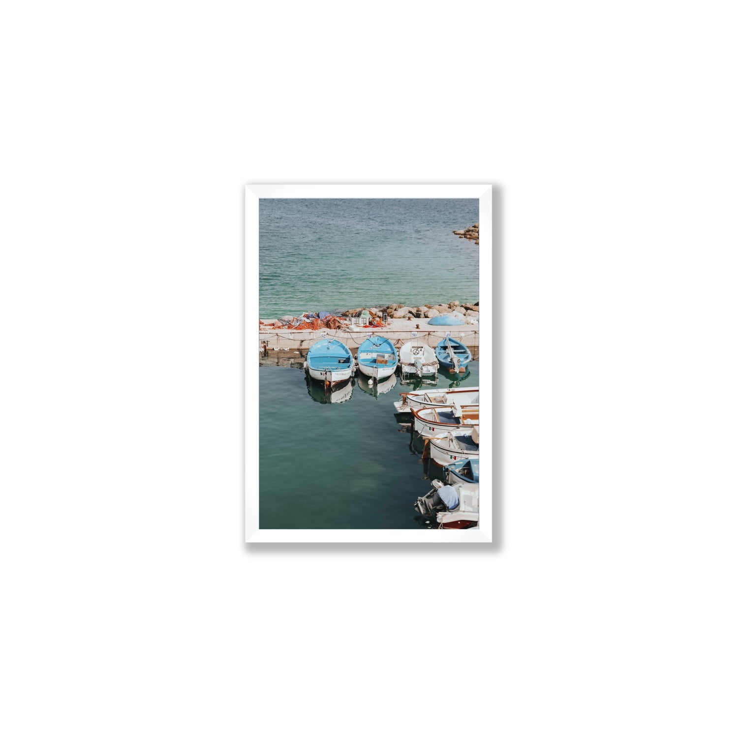 Maritime Memories Puglia Harbour Reflections coastal wall art Medium full-bleed fine art print in white frame