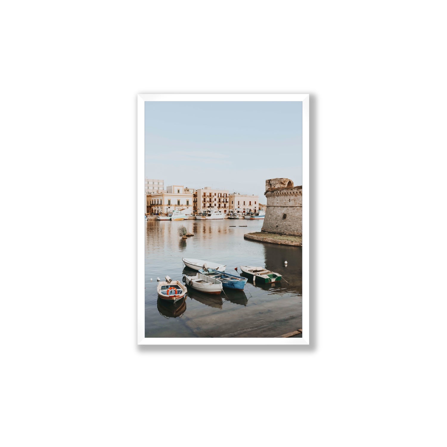 Gallipoli Harbour Puglia coastal wall art Large full-bleed fine art print in white frame