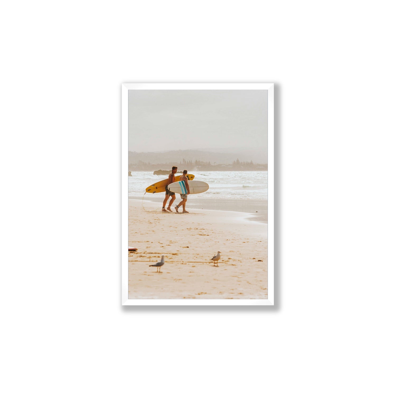 Shane & Benji Byron Bay Surf coastal wall art Large full-bleed fine art print in white frame