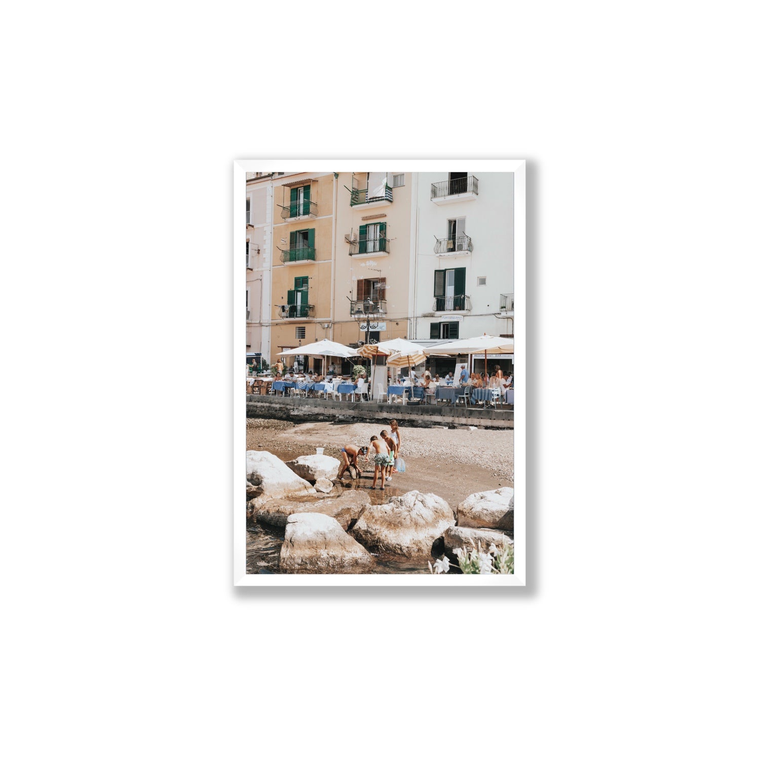 Sunny Playtime Sorrento coastal wall art Large full-bleed fine art print in white frame