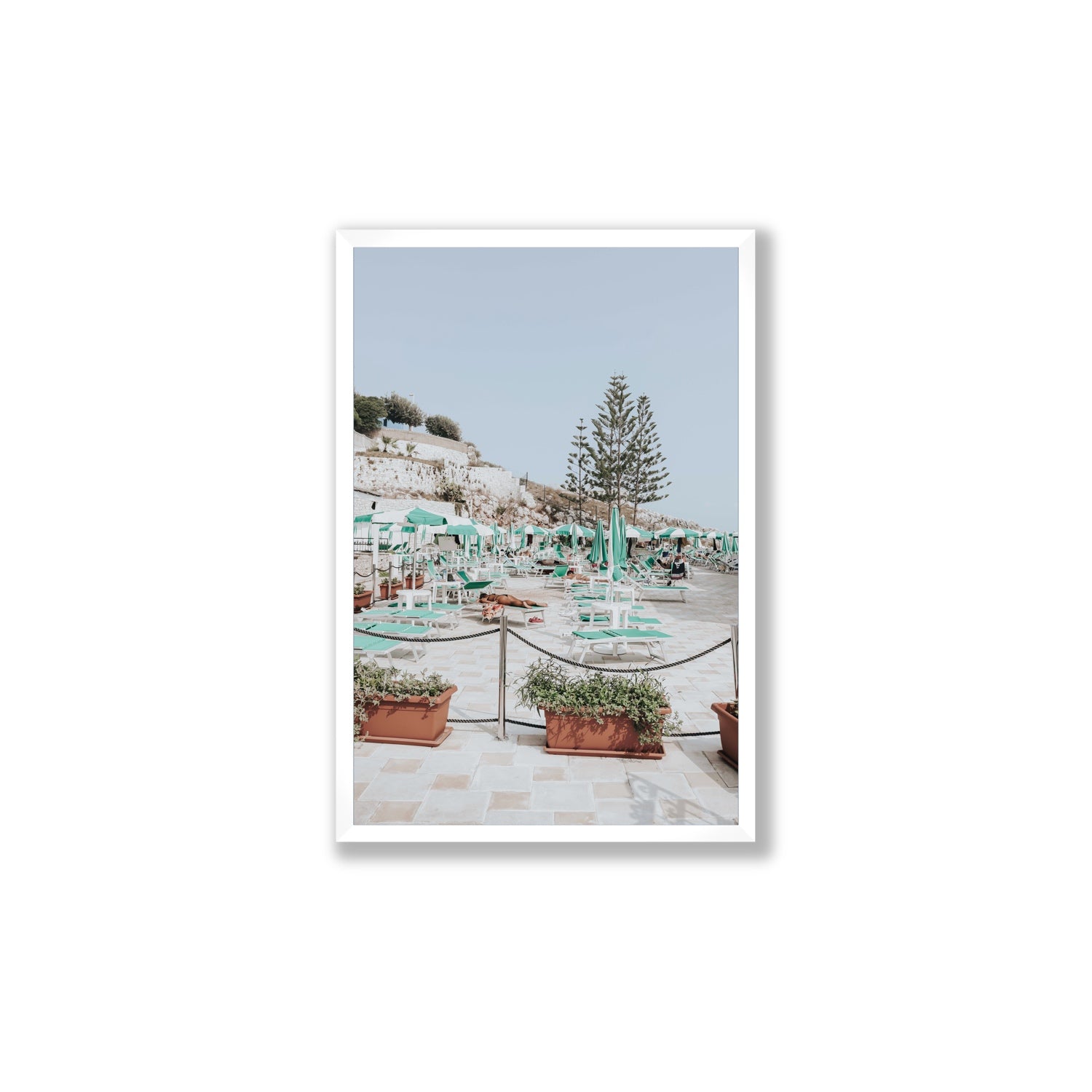 Siesta on The Terrace Puglia coastal wall art Large full-bleed fine art print in white frame