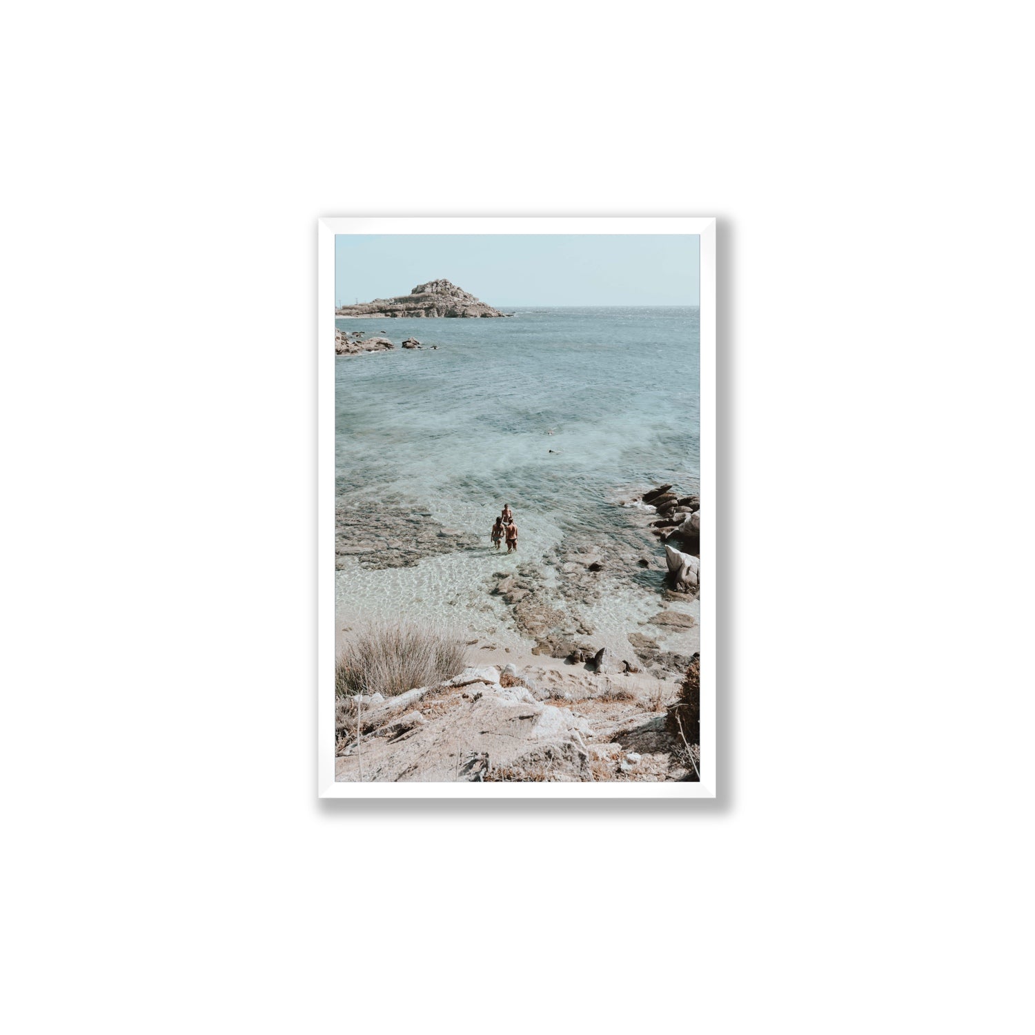 Island Life Mykonos coastal Greek island wall art Large full-bleed fine art print in white frame