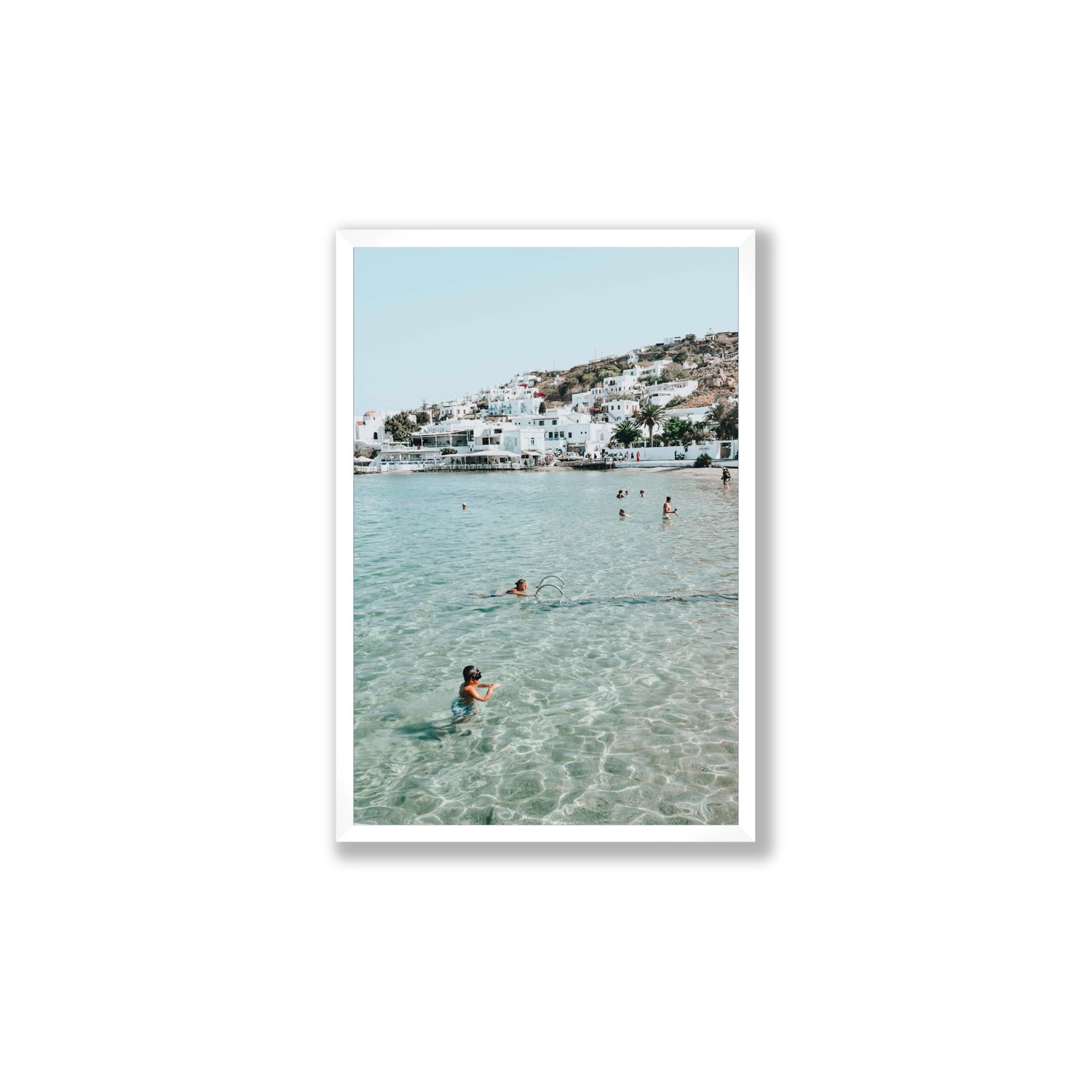 Beside The Seaside Mykonos beach Greek island wall art Large full-bleed fine art print in white frame