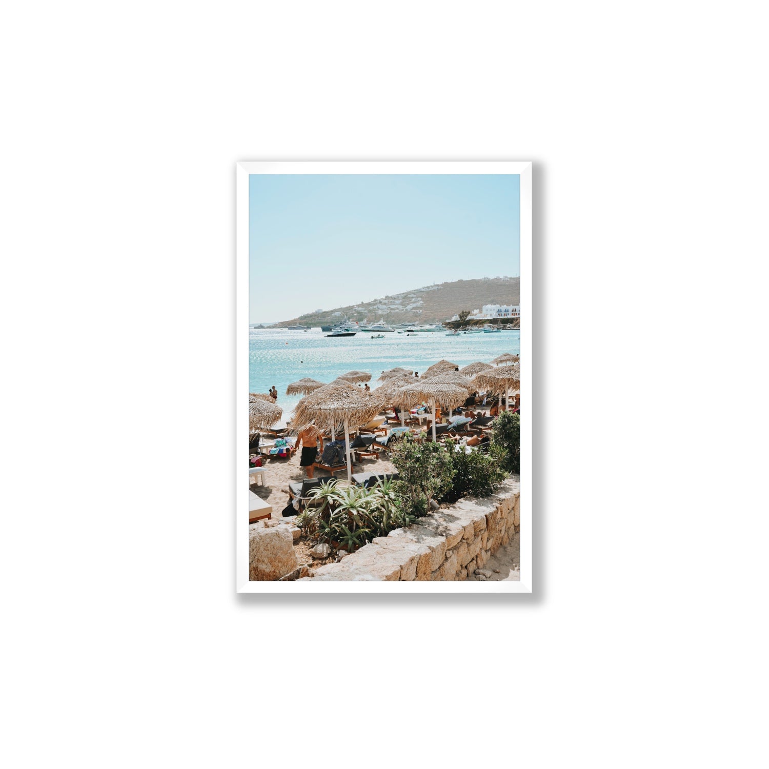 Beachside Huts Mykonos Greek island wall art Large full-bleed fine art print in white frame