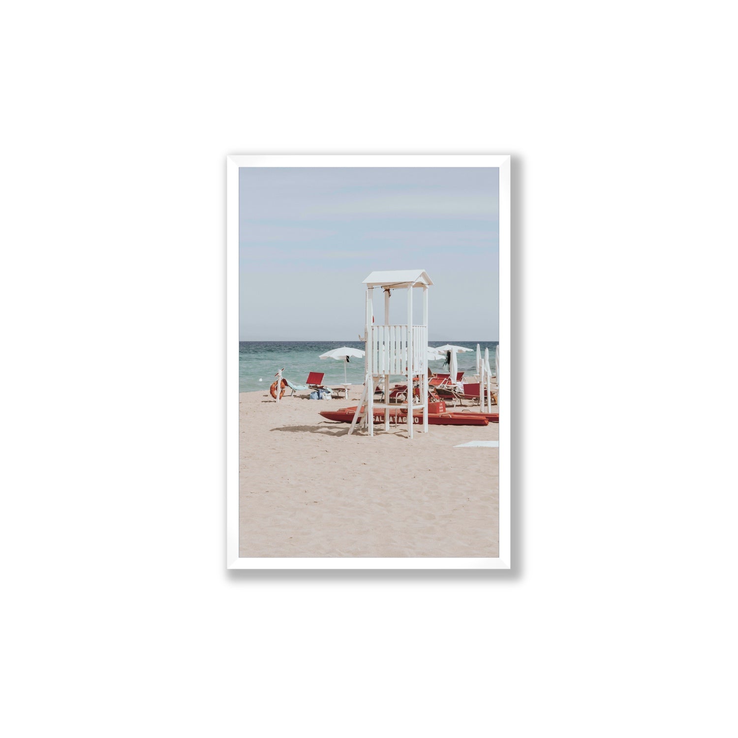 Barefoot Bliss Puglia beach Italian coastal decor wall art Large full-bleed fine art print in white frame