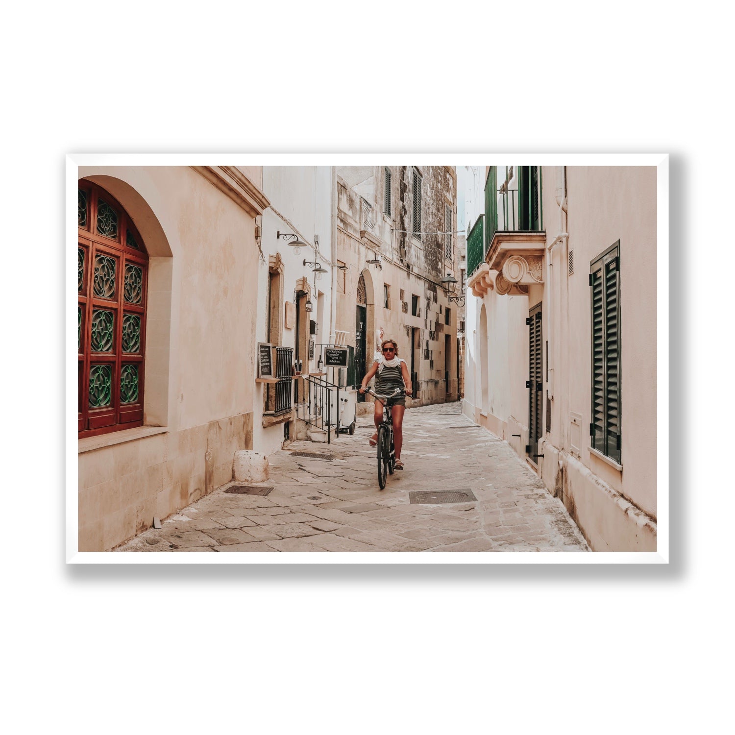La Donna In Bicicletta Puglia Wall Italian fine art print Statement full-bleed fine art print in white frame
