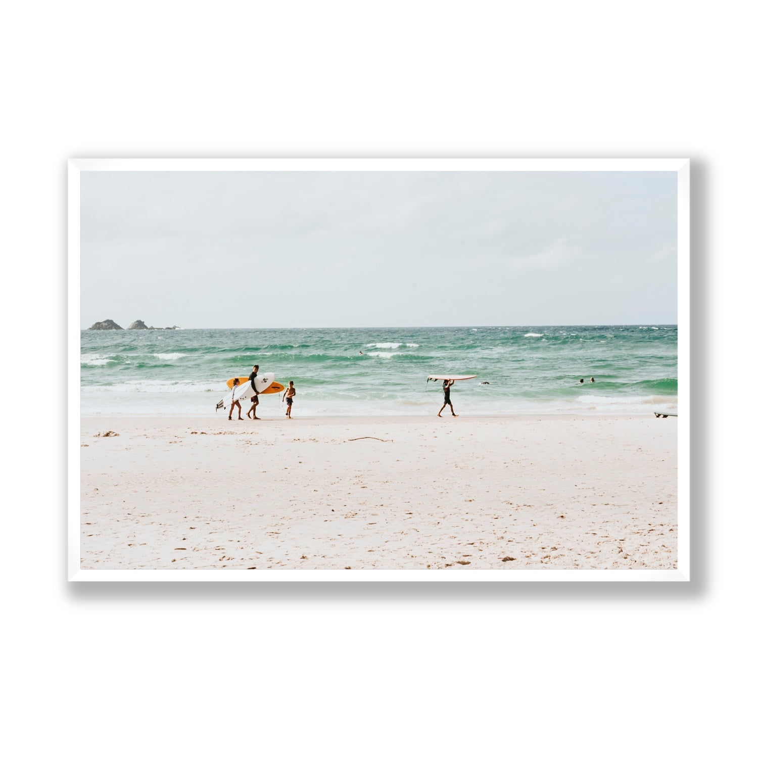 La Famiglia Byron Bay Family Surf coastal wall art Statement full-bleed fine art print in white frame