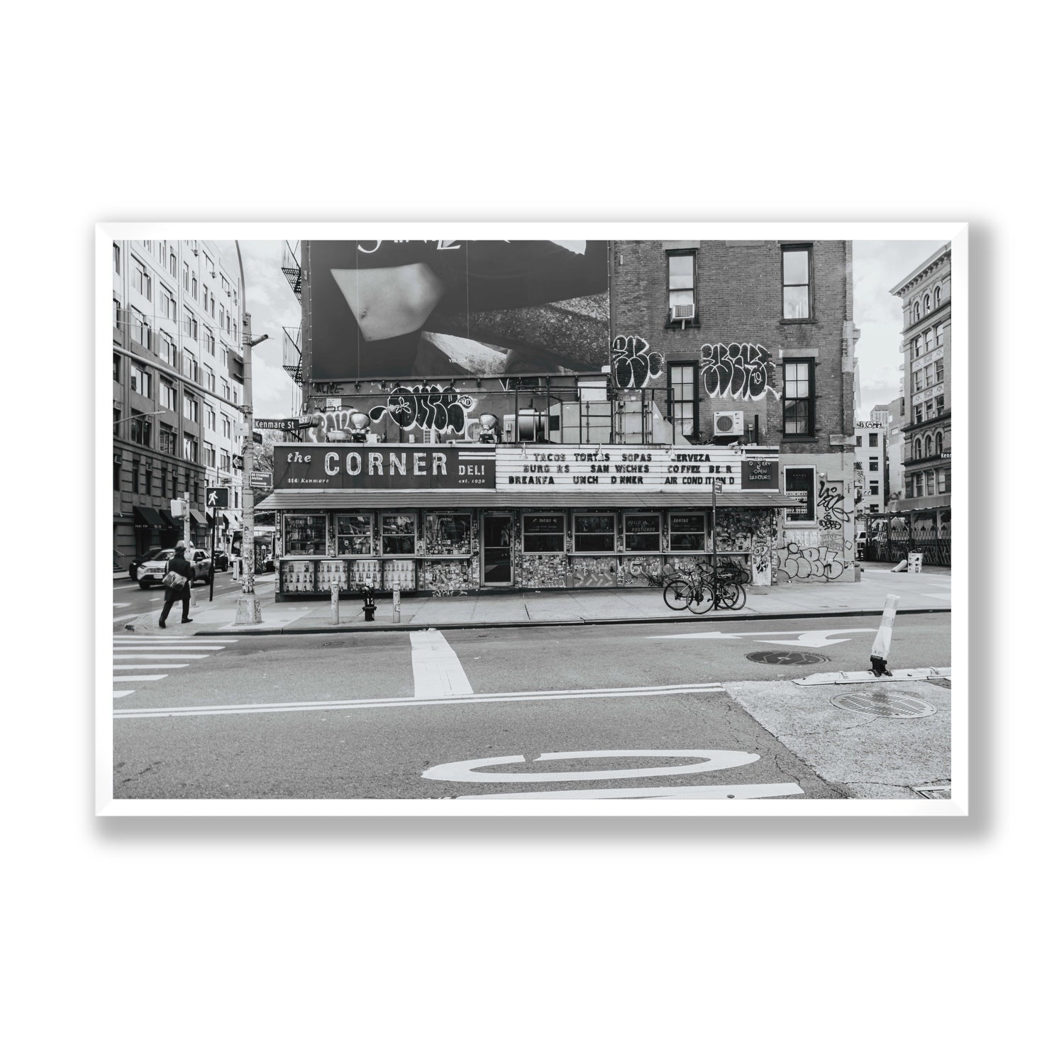 Kenmare Street New York NYC Black & White wall art Statement full-bleed fine art print in white frame