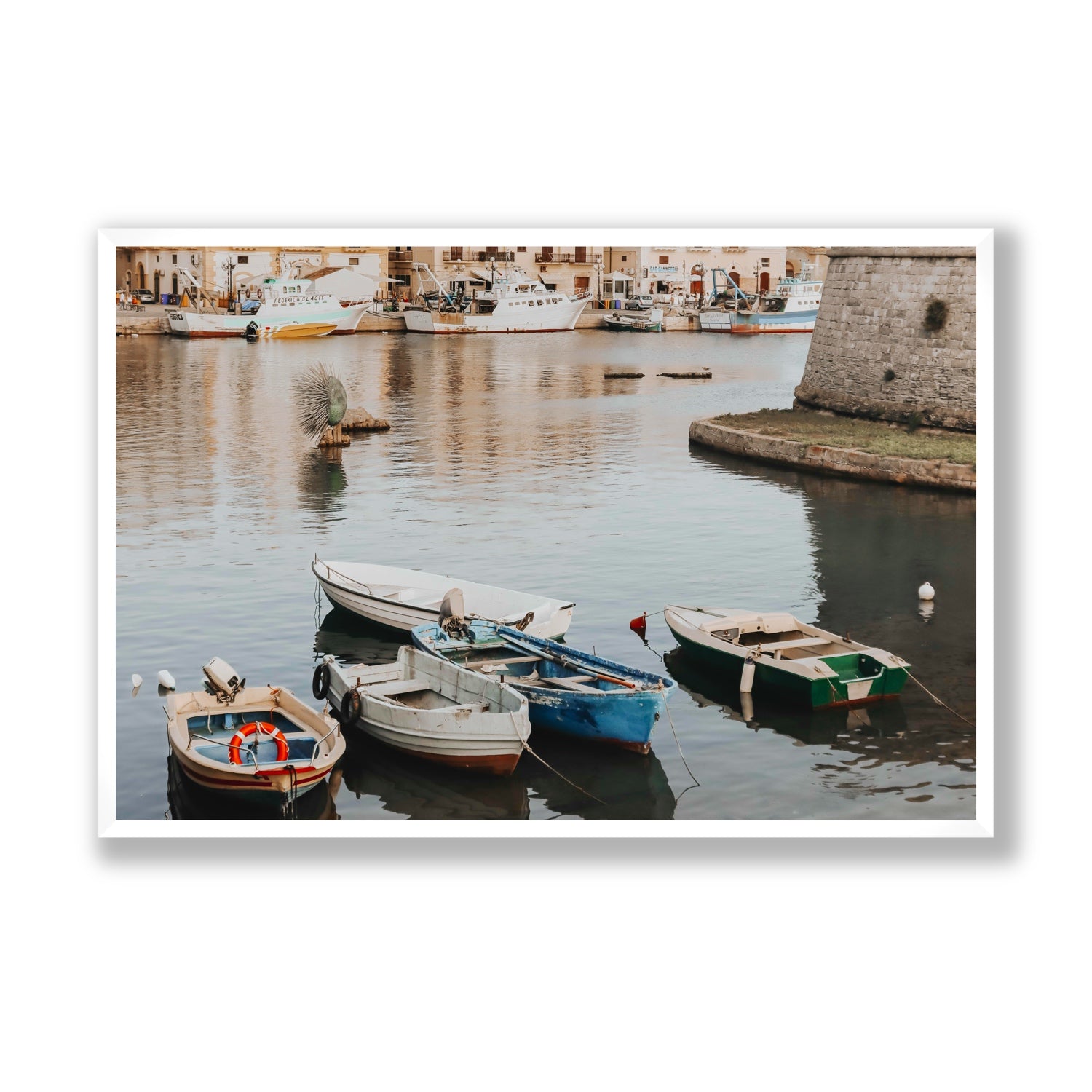 Cinque Barche Puglia Gallipoli Italian art print Statement full-bleed fine art print in white frame