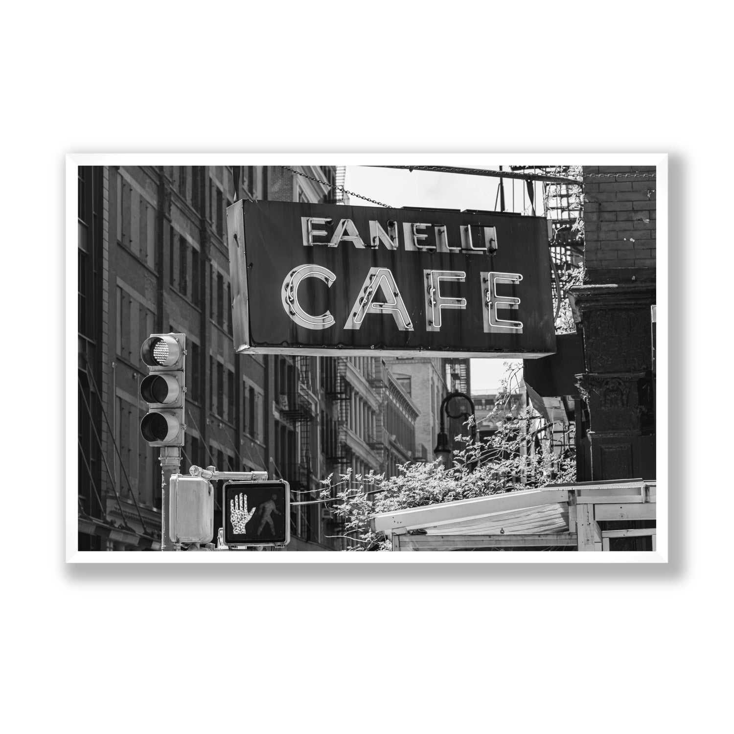 Soho Neon New York NYC Black & White wall art Statement full-bleed fine art print in white frame