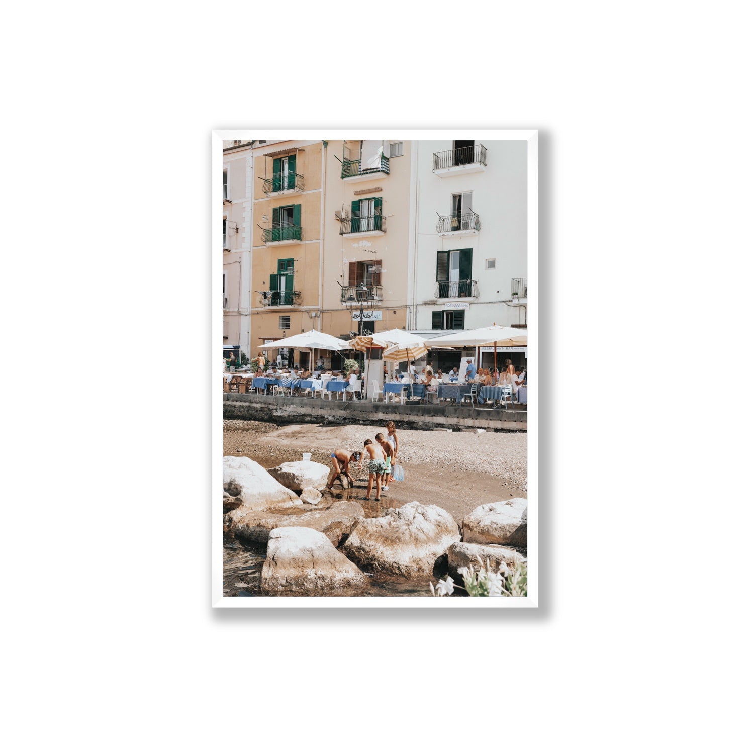 Sunny Playtime Sorrento coastal wall art Extra Large full-bleed fine art print in white frame